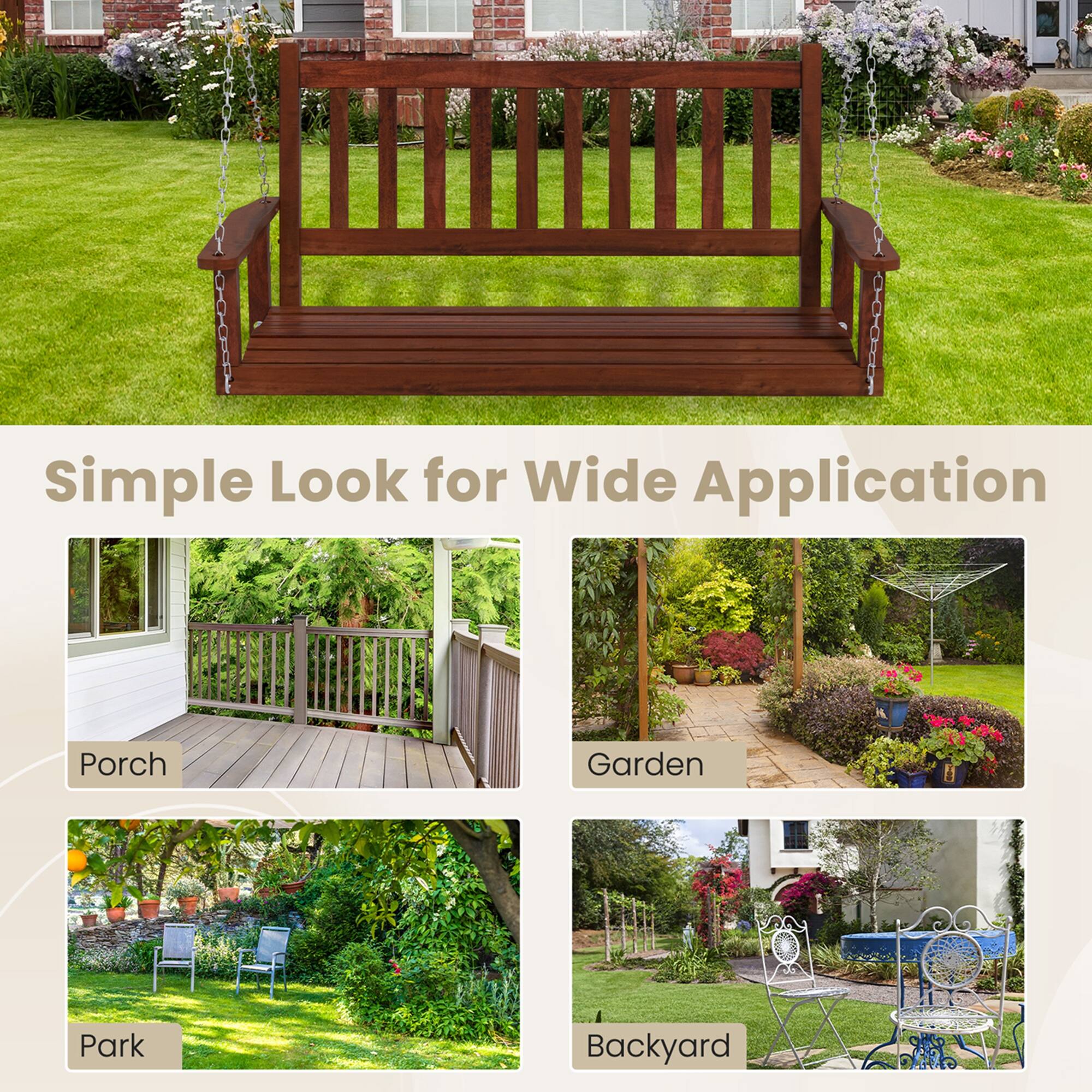 The text on the image reads: "Simple Look for Wide Application Porch Garden Park Backyard."