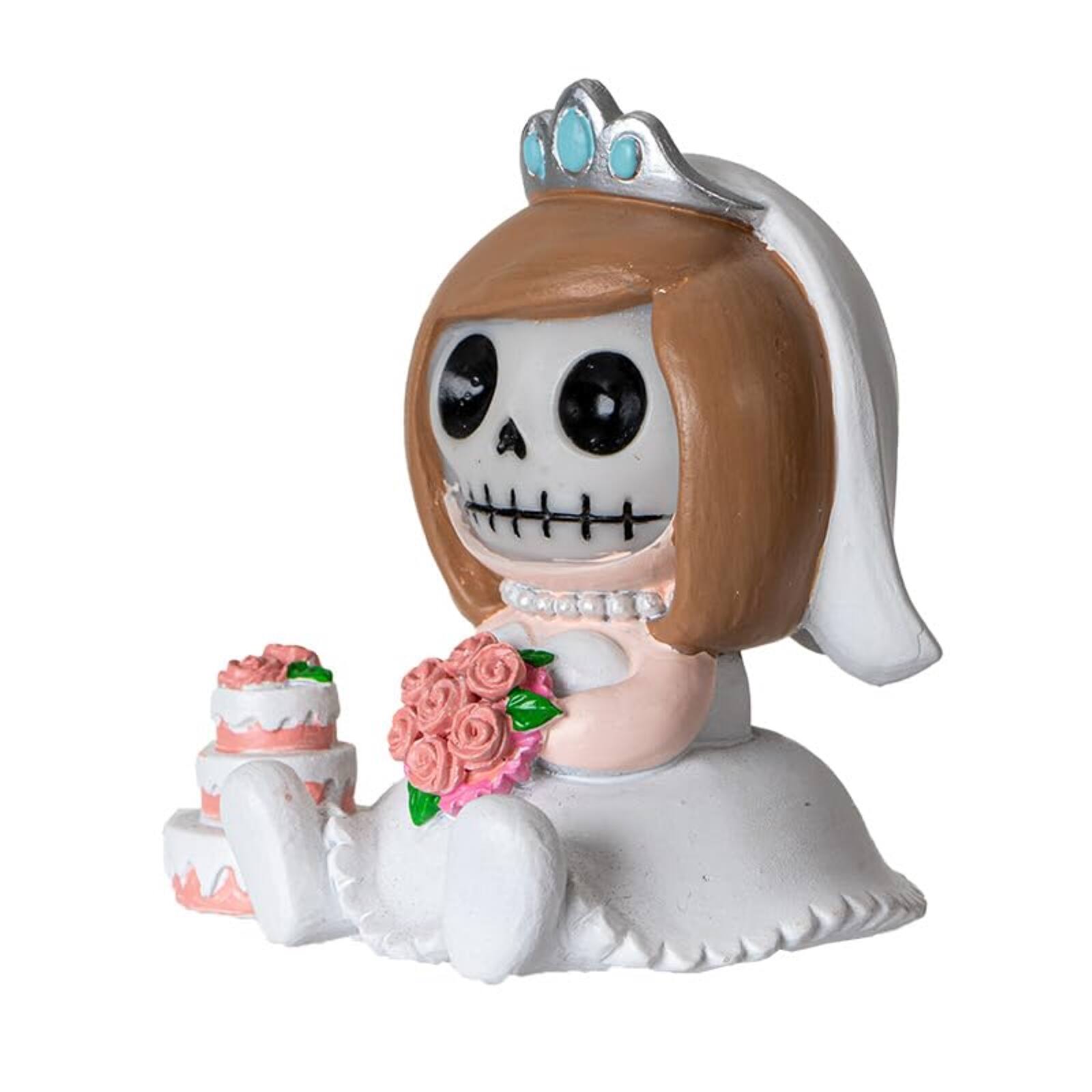 Back. Pacific Trading - Mrs. Furrybones Figurine Skeleton Bride in Wedding Dress Holding Bouquet with Cake 3.15 Tall - White.