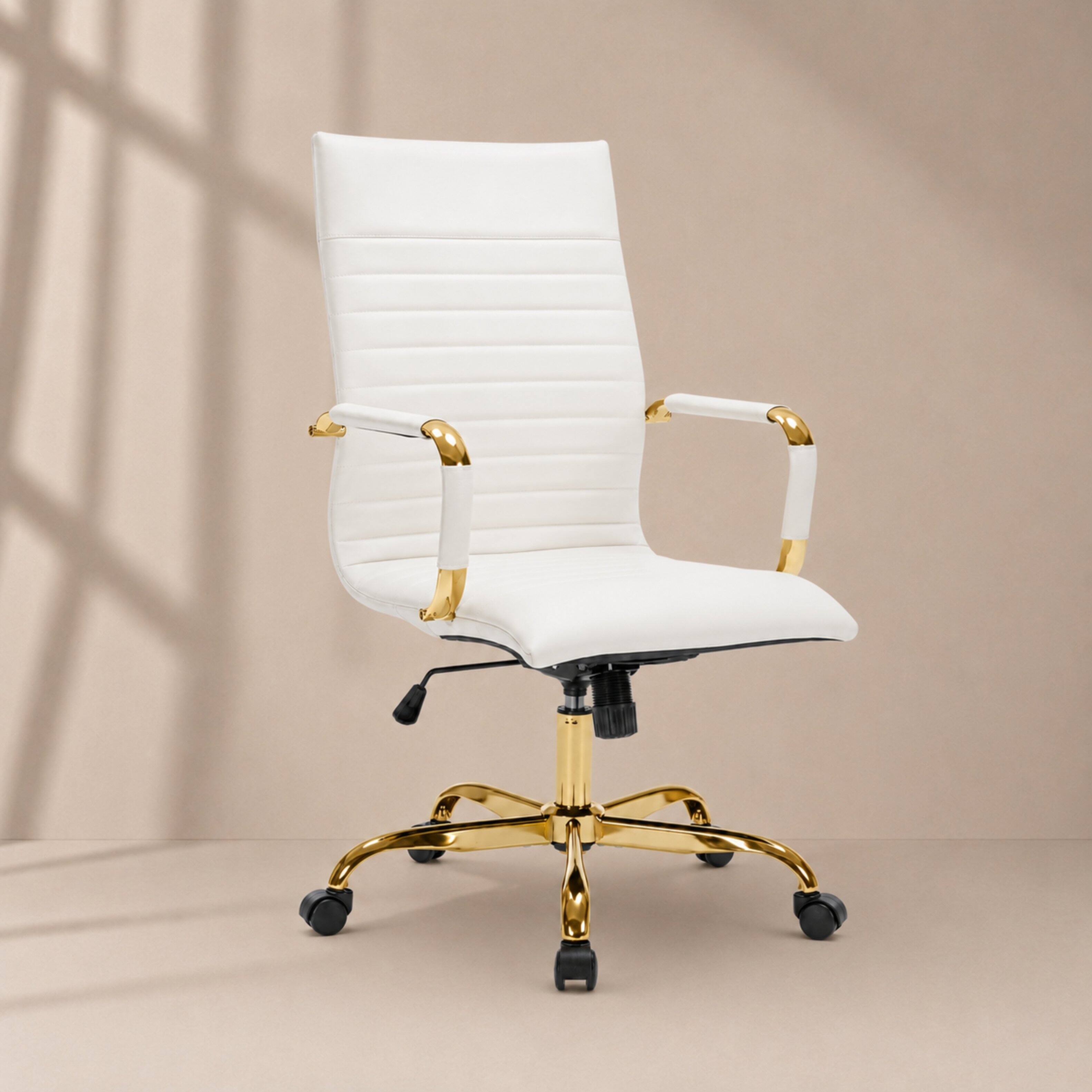 Alt View 4. LeisureMod - Harris Set of 4 Ergonomic High Back Leather Upholstered Office Desk Chairs, Gold Stainless Steel Frame, Tilt, Home Use - Tan.
