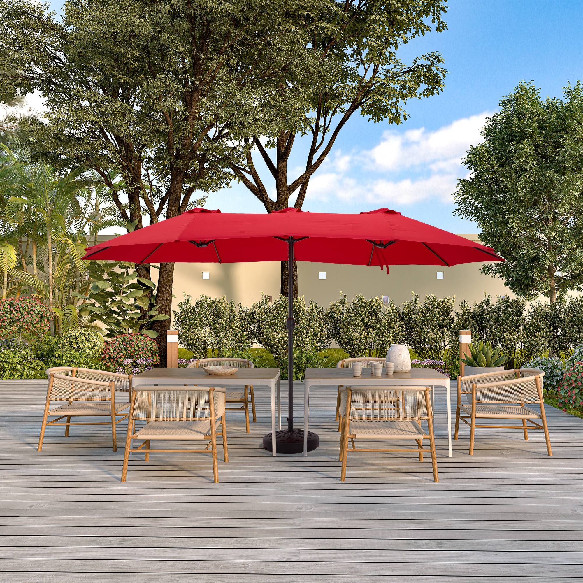 Angle. Mondawe - Double-Sided Rectangular Outdoor Twin Patio Market Umbrella - Red.