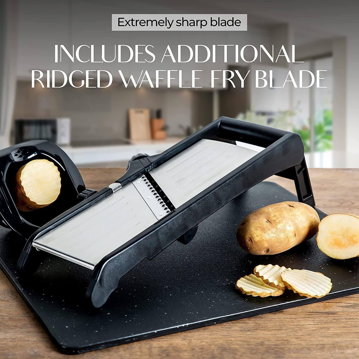 Extremely sharp blade  
INCLUDES ADDITIONAL RIDGED WAFFLE FRY BLADE