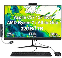 Acer - Upgraded - Aspire C27 All-in-One 27 FHD Display (Ryzen 7 5825U, 32GB, 1TB SSD, AMD Radeon, WiFi 6E, Win 11 Pro) w/USB Hub