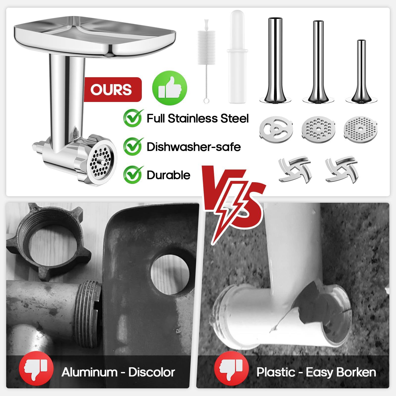 OURS  
- Full Stainless Steel  
- Dishwasher-safe  
- Durable  

VS  

Aluminum - Discolor  
Plastic - Easy Broken
