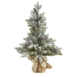 BreeBe - 28" Flocked Artificial Christmas Tree with Pine Cones - White