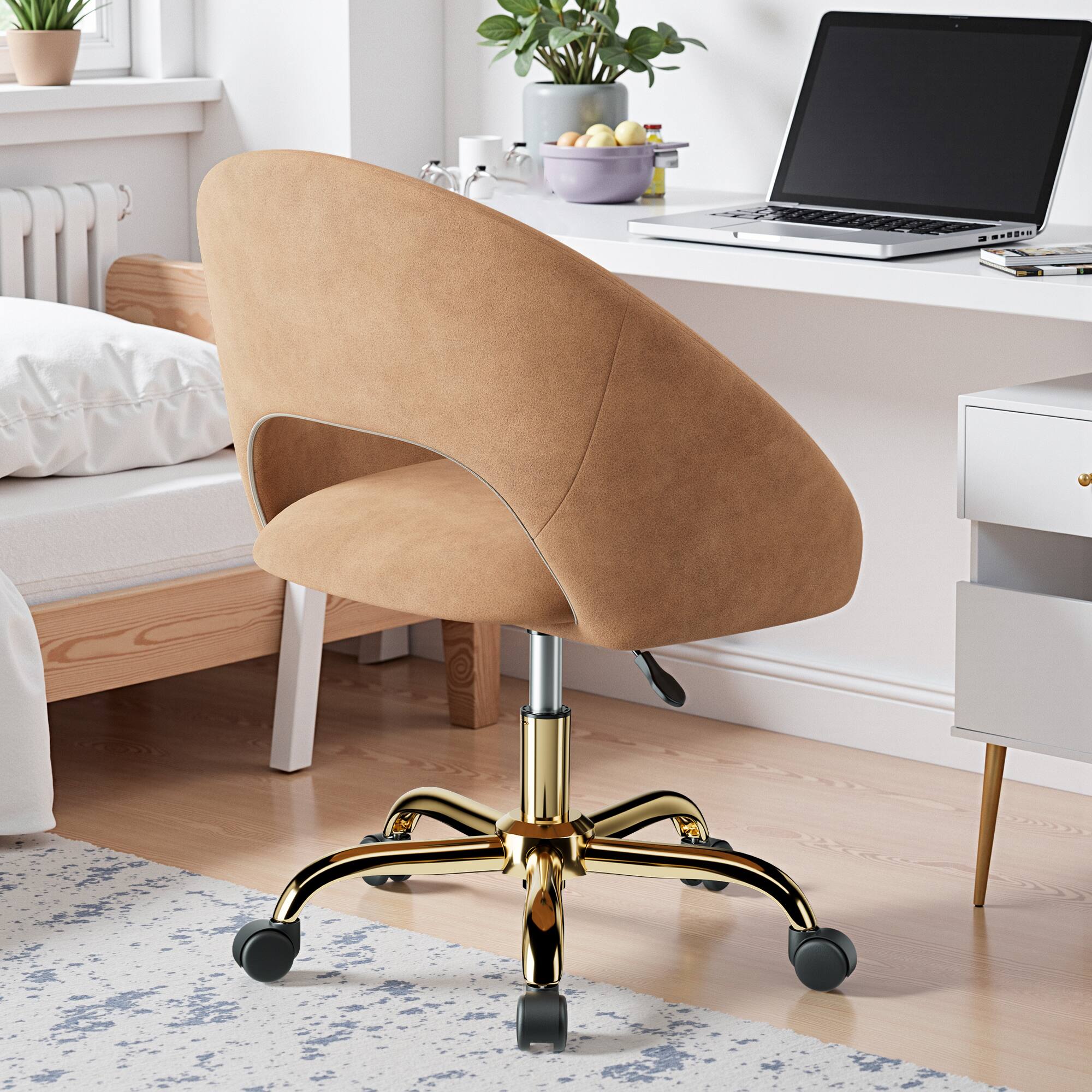 Alt View 6. KERDOM - Vanity Chair with Back & Wheel, Smooth Tech Fabric & Wide Cushion Home Office Chair, Makeup Chair Breathable Hollow Back - Brown.