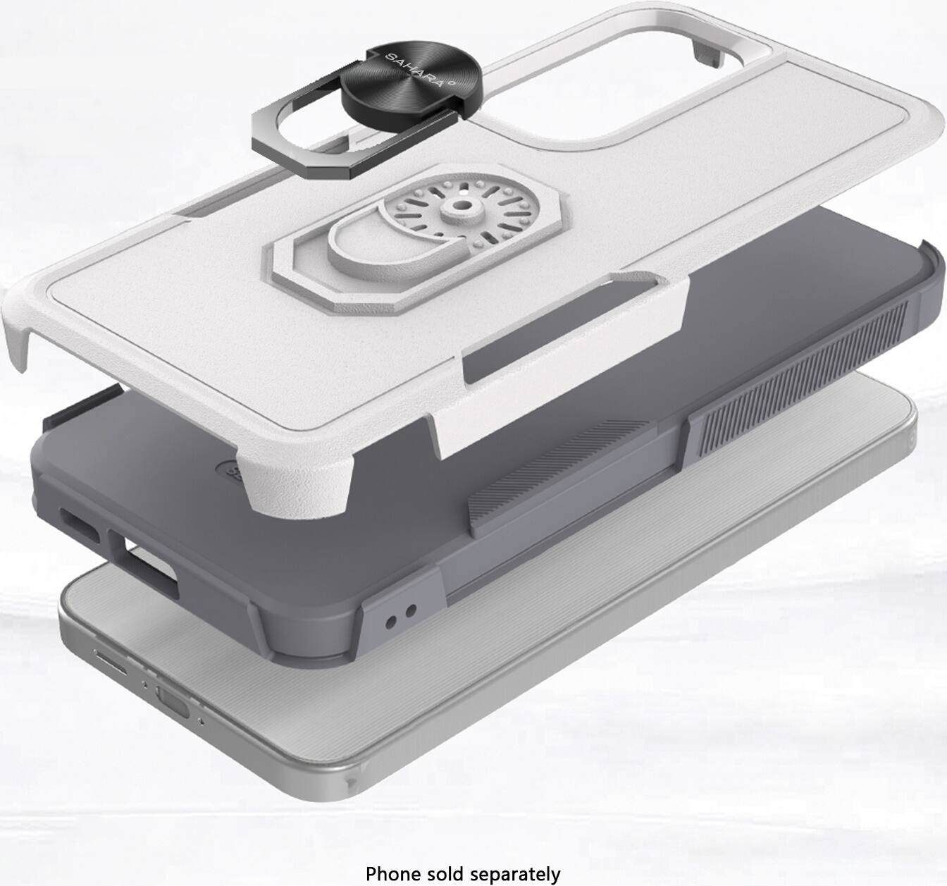 The image shows a phone case and a fan attached to it. The case is designed to hold a phone securely, and the fan is likely to be used for cooling purposes. The case is white, and the fan is black. The phone is not visible in the image, but it is implied that it is sold separately.
