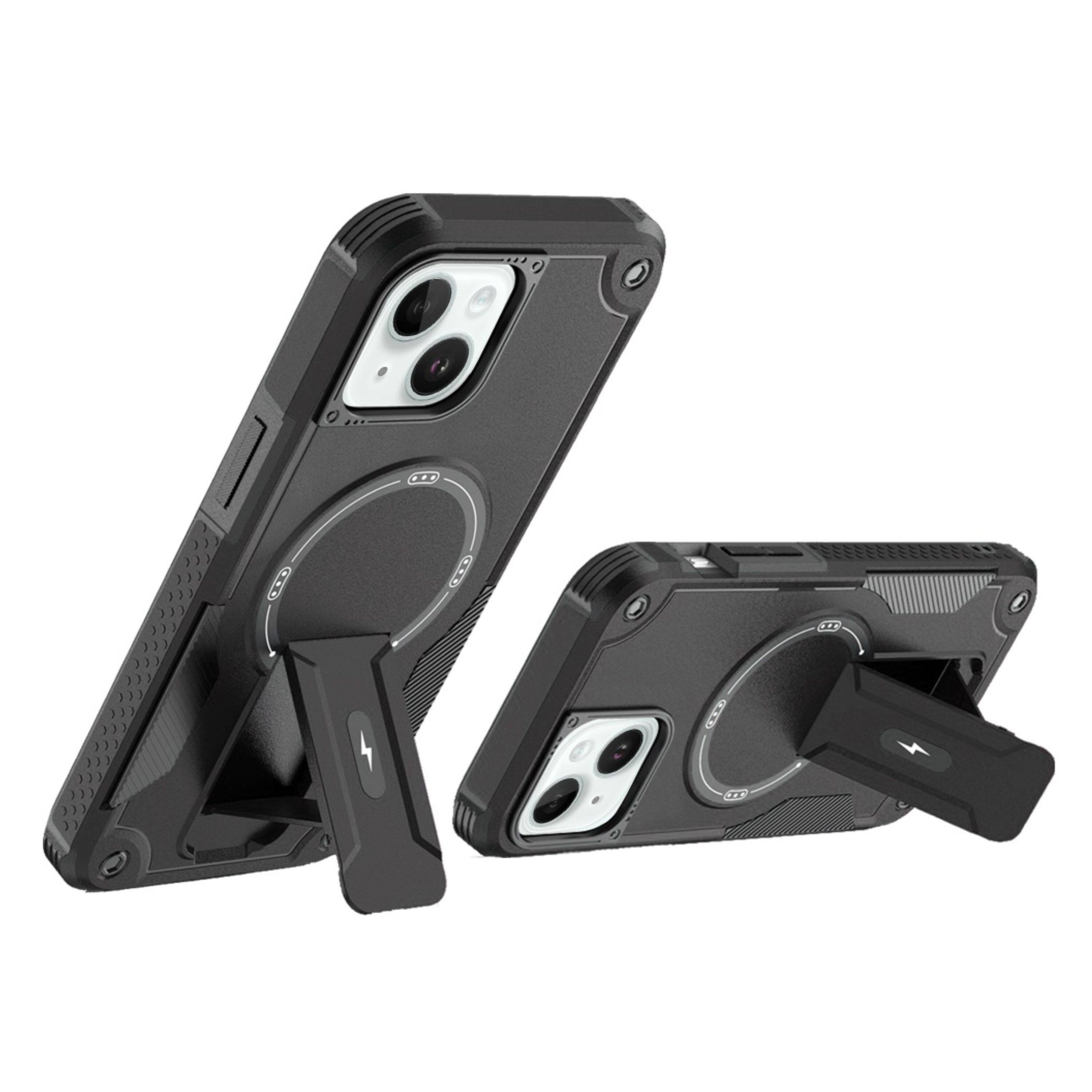 Angle. Kitcheniva - Rugged Grip Kickstand Magnetic Circle Phone Case With Tempered Glass For iPhone 13/14 Black - Black.