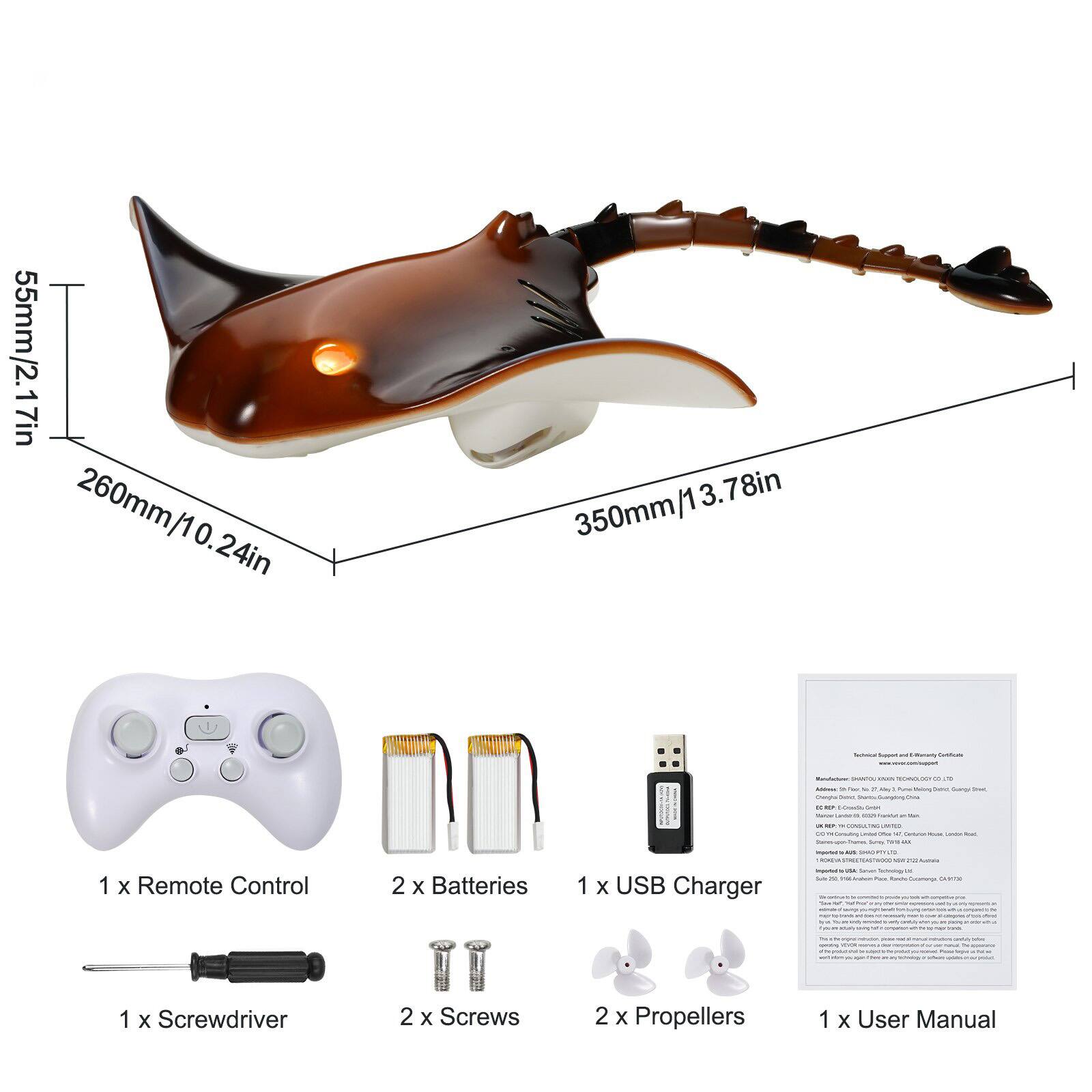 55mm/2.17in  
260mm/10.24in  
350mm/13.78in  

1 x Remote Control  
2 x Batteries  
1 x USB Charger  
1 x Screwdriver  
2 x Screws  
2 x Propellers  
1 x User Manual