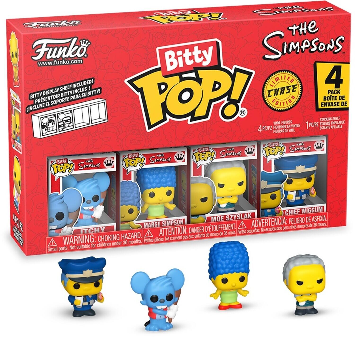 The text on the image can be grouped and corrected as follows:

**Product Information:**
- Bitty Pop! The Simpsons
- Limited Chase Edition
- 4 Pack
- Includes Play Display Shelf
- 4 Vinyl Figures
- 1 Pc/Pz
- Stacking Shelf
- Funko Pop! The Simpsons
- Itchy, Marge Simpson, Moë Szyzlak, Chief Wiggum

**Website:**
- www.funko.com

**Warning:**
- Choking Hazard
- Small parts
- Not suitable for children under 36 months
- Peligro de asfixia
- No es adecuado para menores de 36 meses
- Attention: moins de 36 mois
- Ne convient pas aux enfants de moins de 36 mois

**Additional Text:**
- Funko
- Bitty Pop!