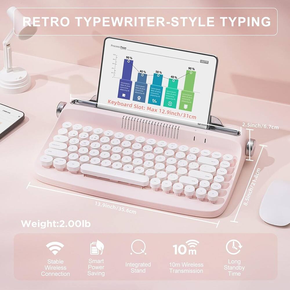 **RETRO TYPEWRITER-STYLE TYPING**

- **Process Page:**
  - 90%
  - 40%
  - 50%
  - 40%
  - 90%

- **Keyboard Slot:**
  - Max 12.9inch/31cm

- **Weight:**
  - 2.00lb

- **Dimensions:**
  - 13.9inch/35.6cm
  - 2.5inch/6.7cm
  - 8.5inch/21.8cm

- **Features:**
  - Stable Wireless Connection
  - Smart Power Saving
  - Integrated Stand
  - 10m Wireless Transmission
  - Long Standby Time