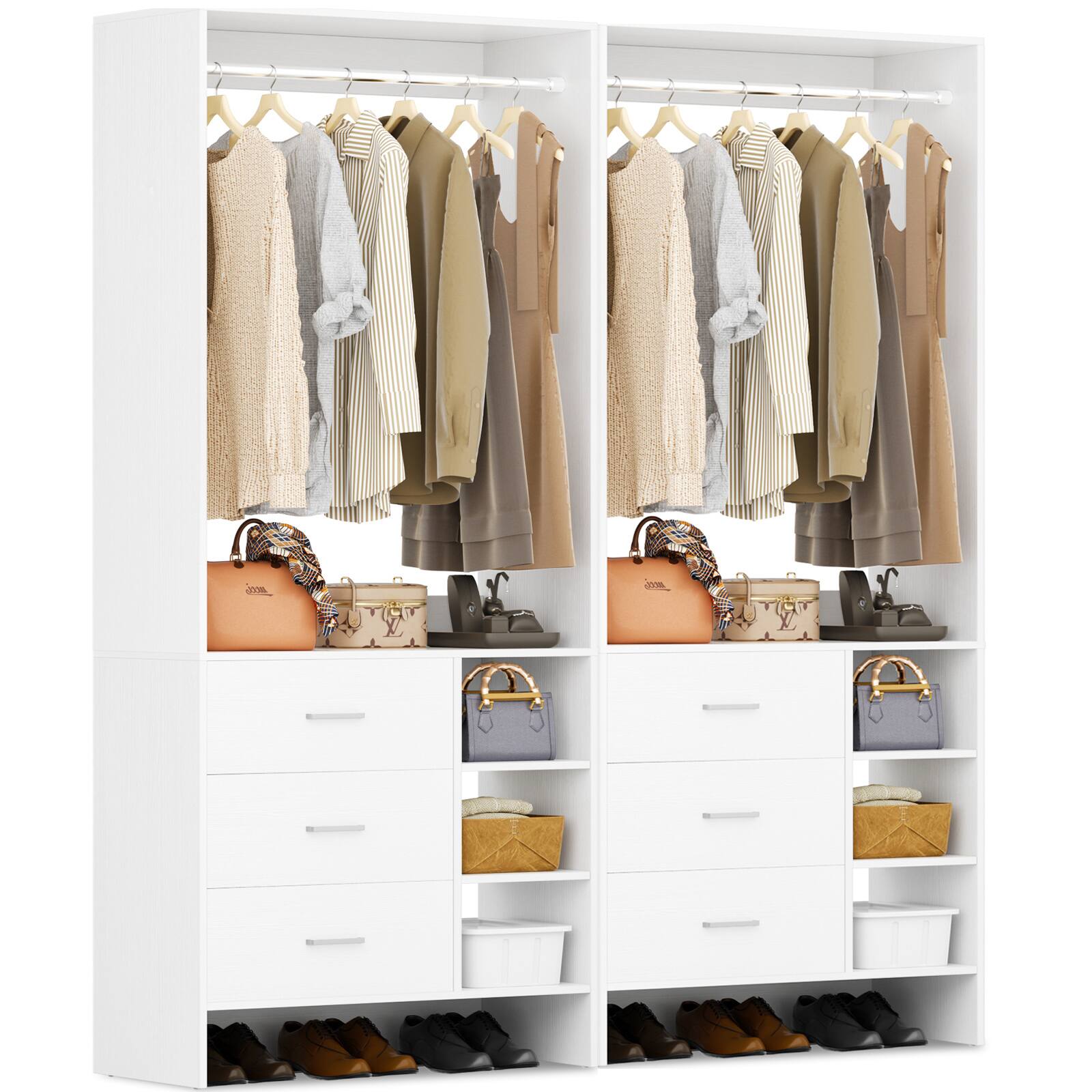 Left. Aheaplus - 5FT Closet System with 6 Drawers, 59'' Walk-in Closet Organizer with Hanging Rods for Small Space - White.