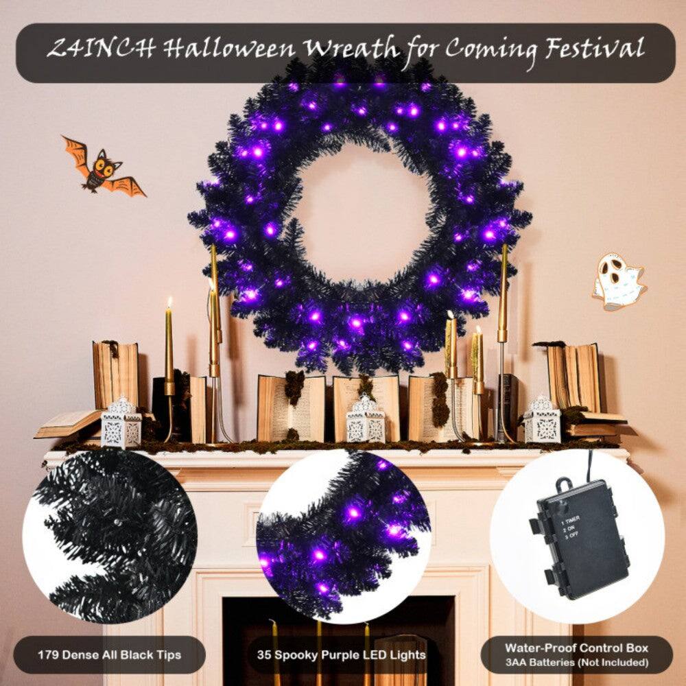 Z4INCH Halloween Wreath for Coming Festival

179 Dense All Black Tips

35 Spooky Purple LED Lights

Water-Proof Control Box

3 AAB Batteries (Not Included)