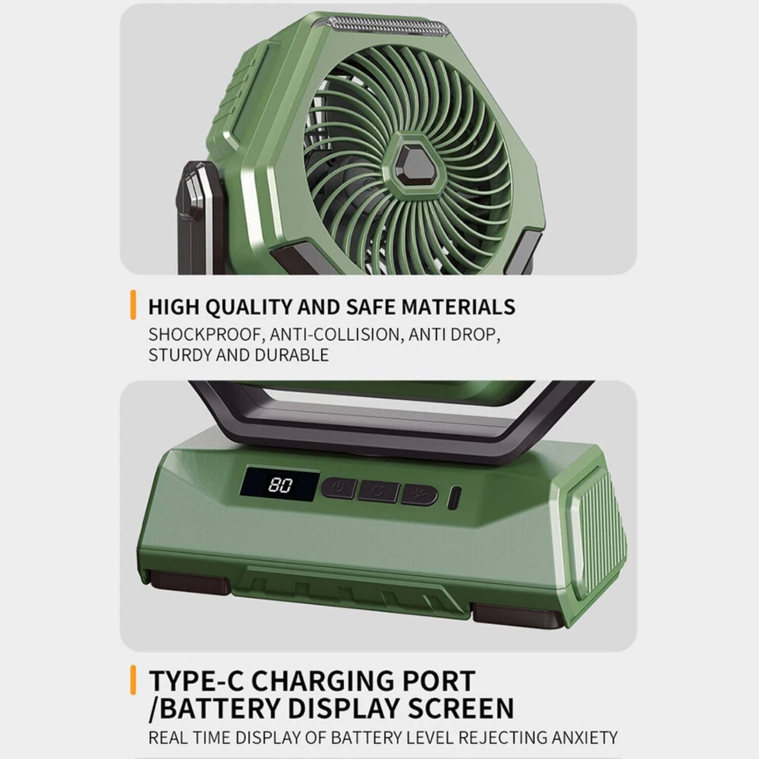 HIGH QUALITY AND SAFE MATERIALS  
SHOCKPROOF, ANTI-COLLISION, ANTI-DROP, STURDY AND DURABLE  

TYPE-C CHARGING PORT / BATTERY DISPLAY SCREEN  
REAL TIME DISPLAY OF BATTERY LEVEL REJECTING ANXIETY