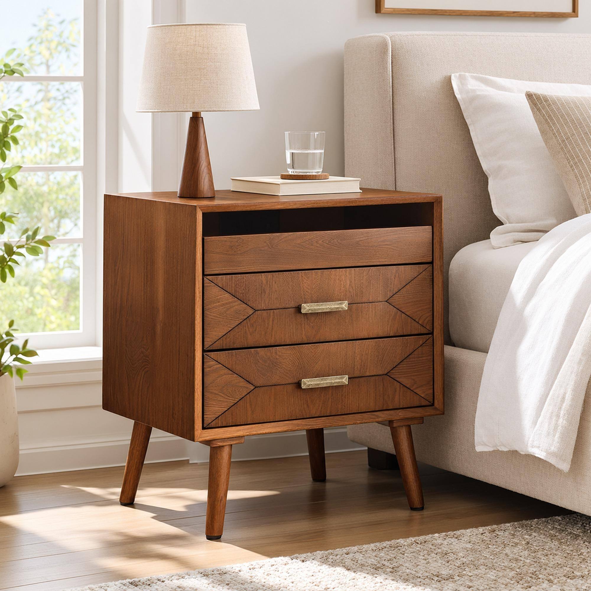 Front. RYHNUYNE - 24 in Wood Nightstand, 2 Drawers, Open Shelf, Charging Station, Mid Century Bedside Table for Bedroom - Walnut.