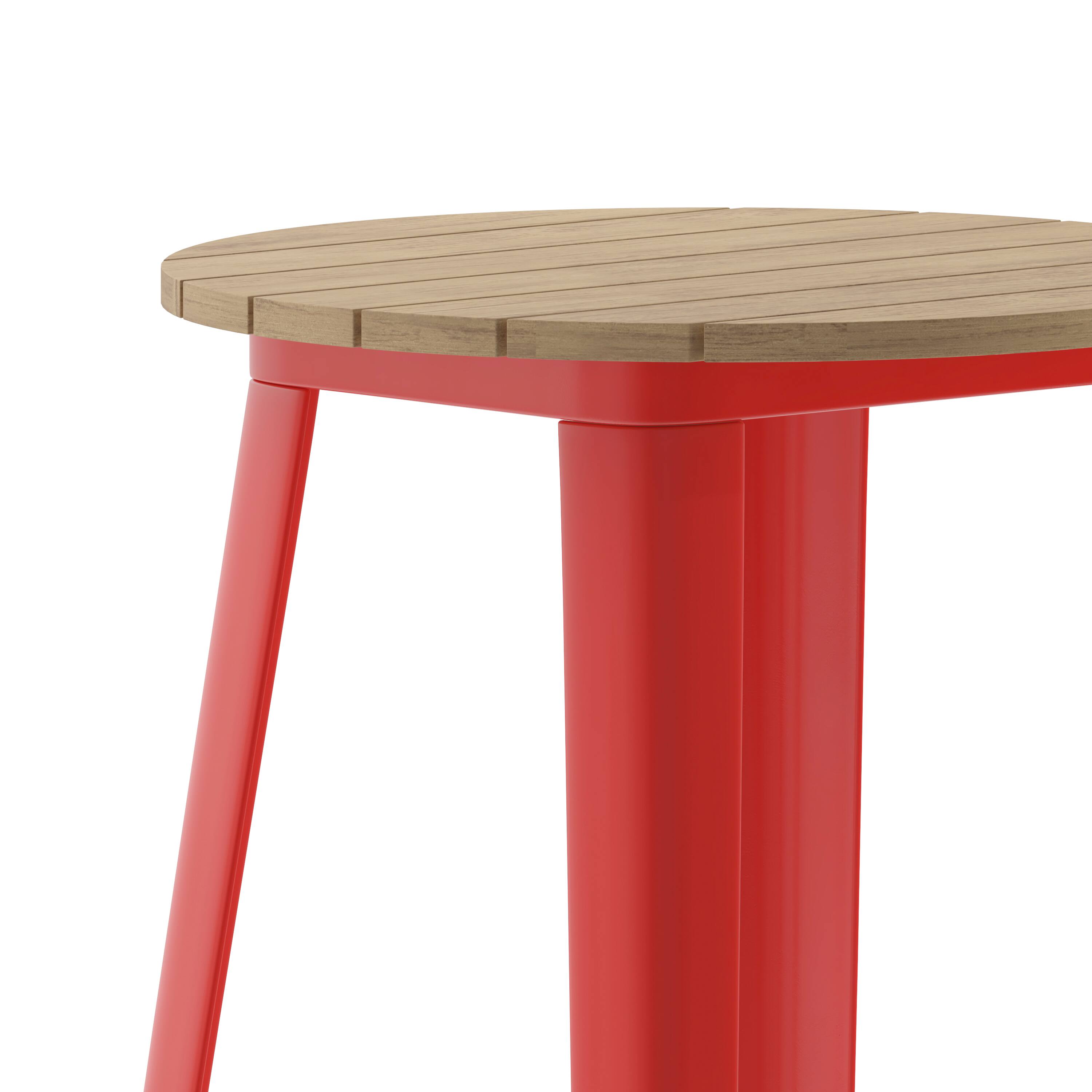 Alt View 9. Emma + Oliver - Drew Indoor/Outdoor Bar Top Table, 23.75" Round All Weather Poly Resin Top with Steel base - Brown Top/Red Frame.