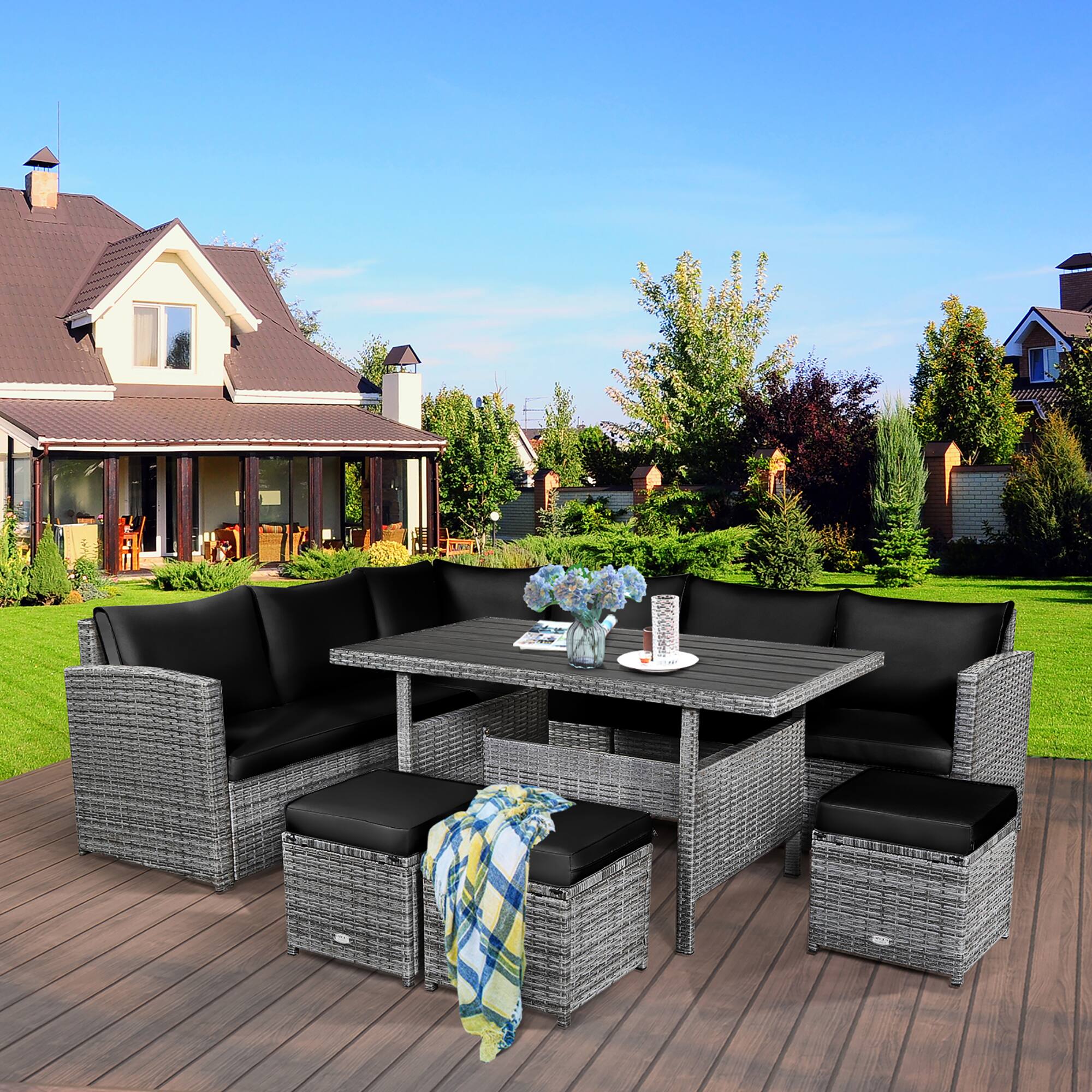 Alt View 4. Costway - 7 PCS Patio Rattan Dining Set Sectional Sofa Couch Ottoman Garden - Black.