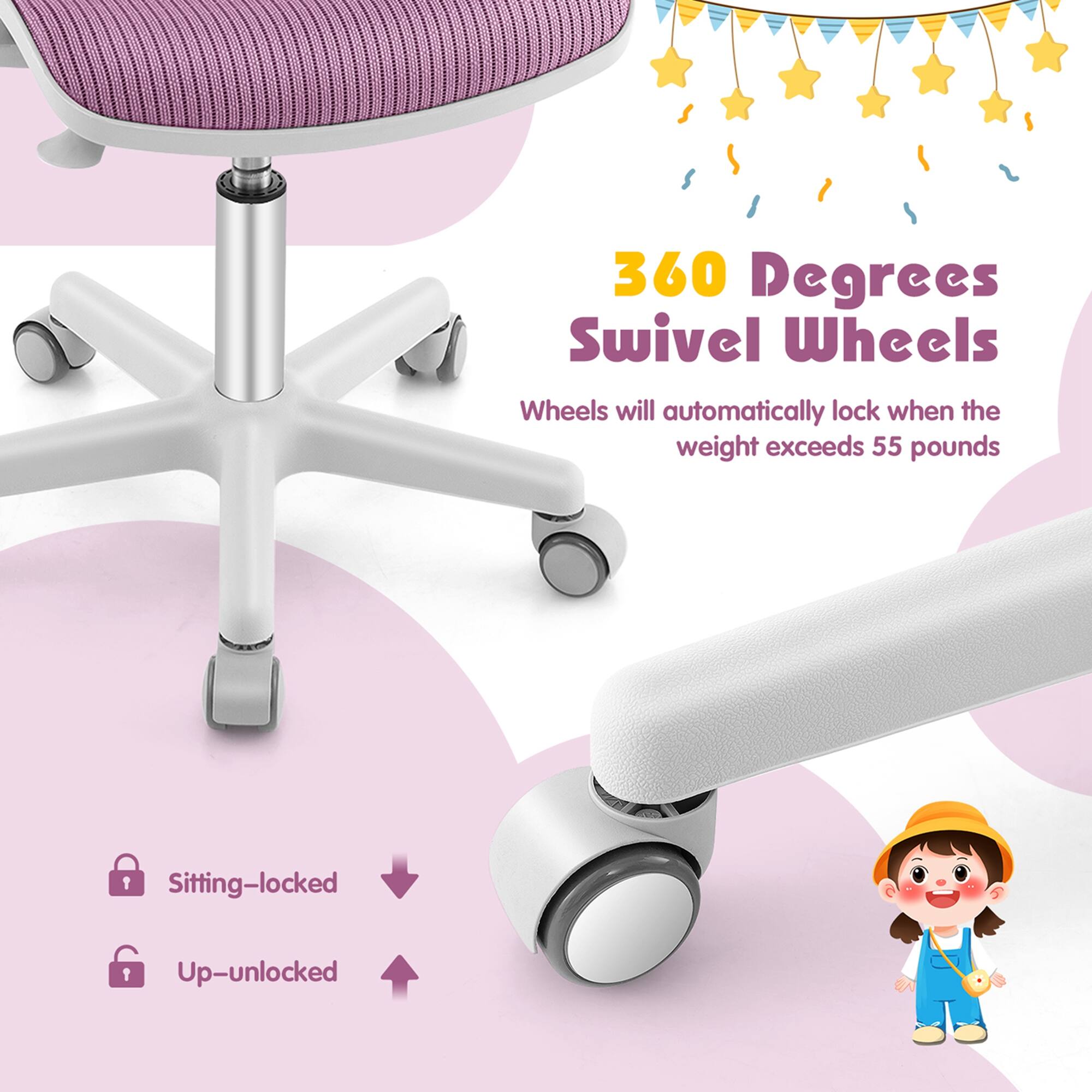 360 Degrees Swivel Wheels, Wheels will automatically lock when the weight exceeds 55 pounds, Sitting-locked, Up-unlocked.