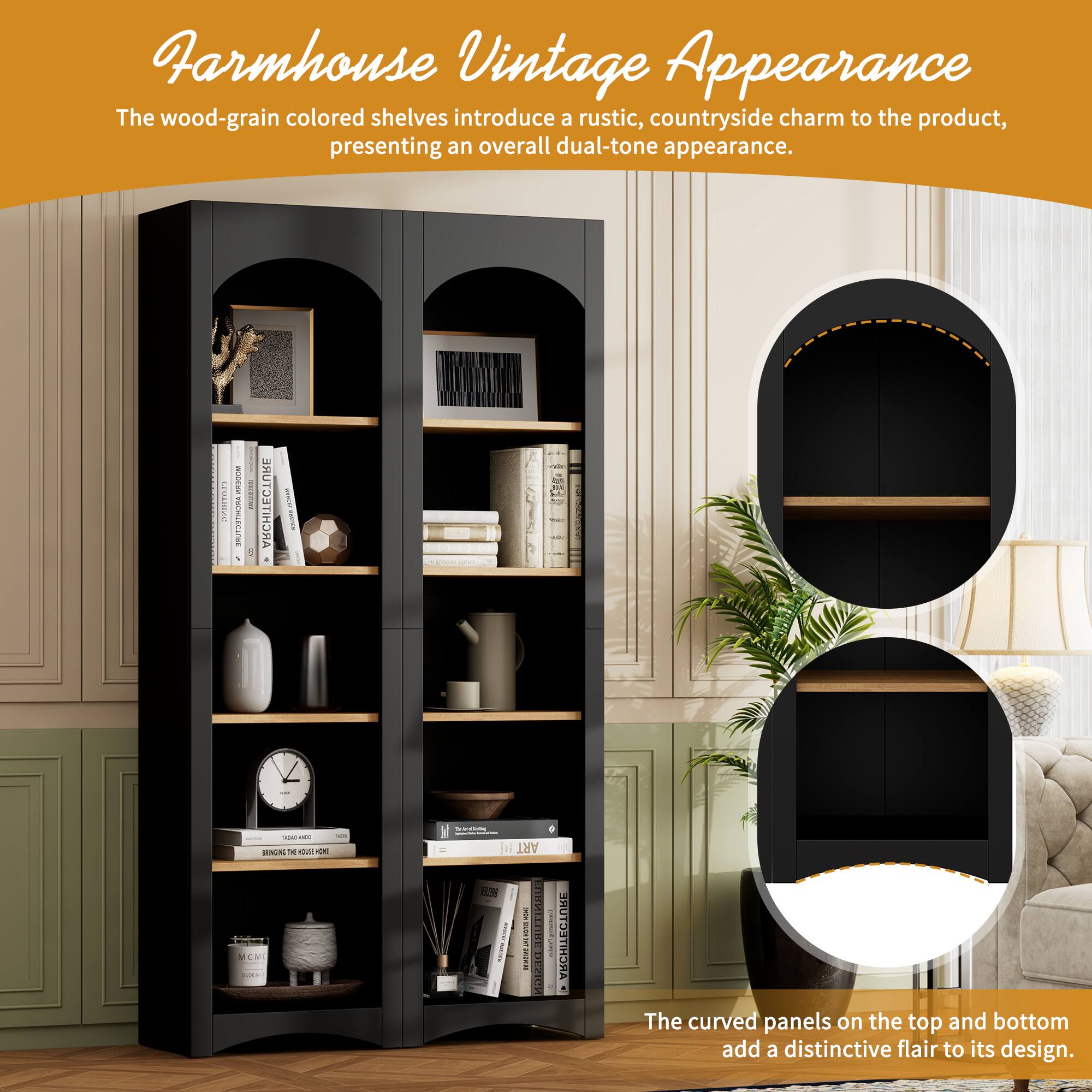 Farmhouse Vintage Appearance

The wood-grain colored shelves introduce a rustic, countryside charm to the product, presenting an overall dual-tone appearance.

The curved panels on the top and bottom add a distinctive flair to its design.