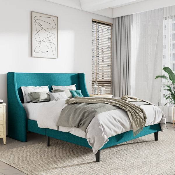 Angle. Hivvago - Hivvago Full Size Linen Blend Upholstered Platform Bed with Wingback Headboard - Turquoise.