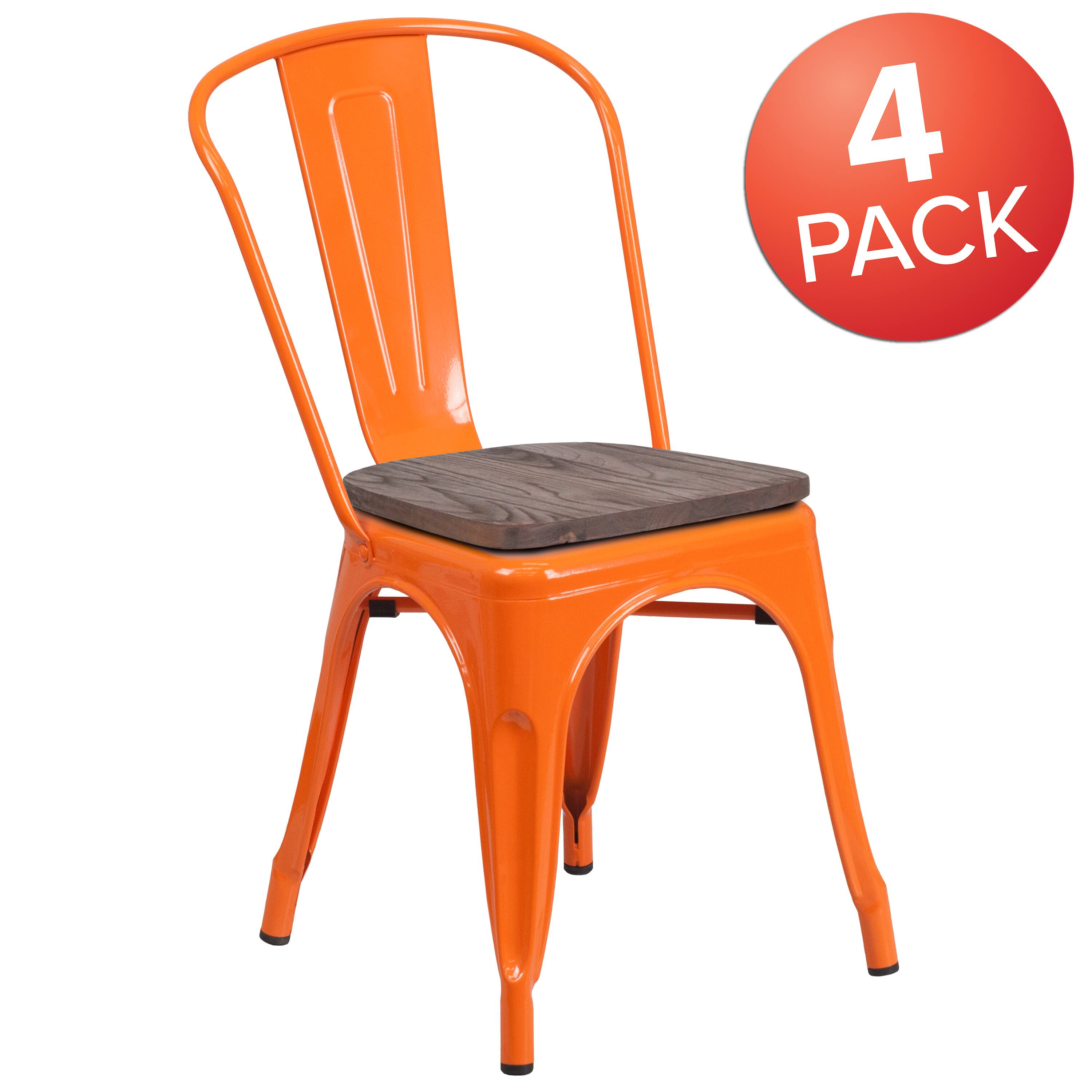 Alt View 2. Emma + Oliver - 4 Pack Metal Stackable Chair with Wood Seat - Orange.