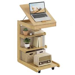 Costway - 1 PCS C-shaped End Table with Wheels, Adjustable Desktop, Edge Stopper, Storage Pocket - Natural