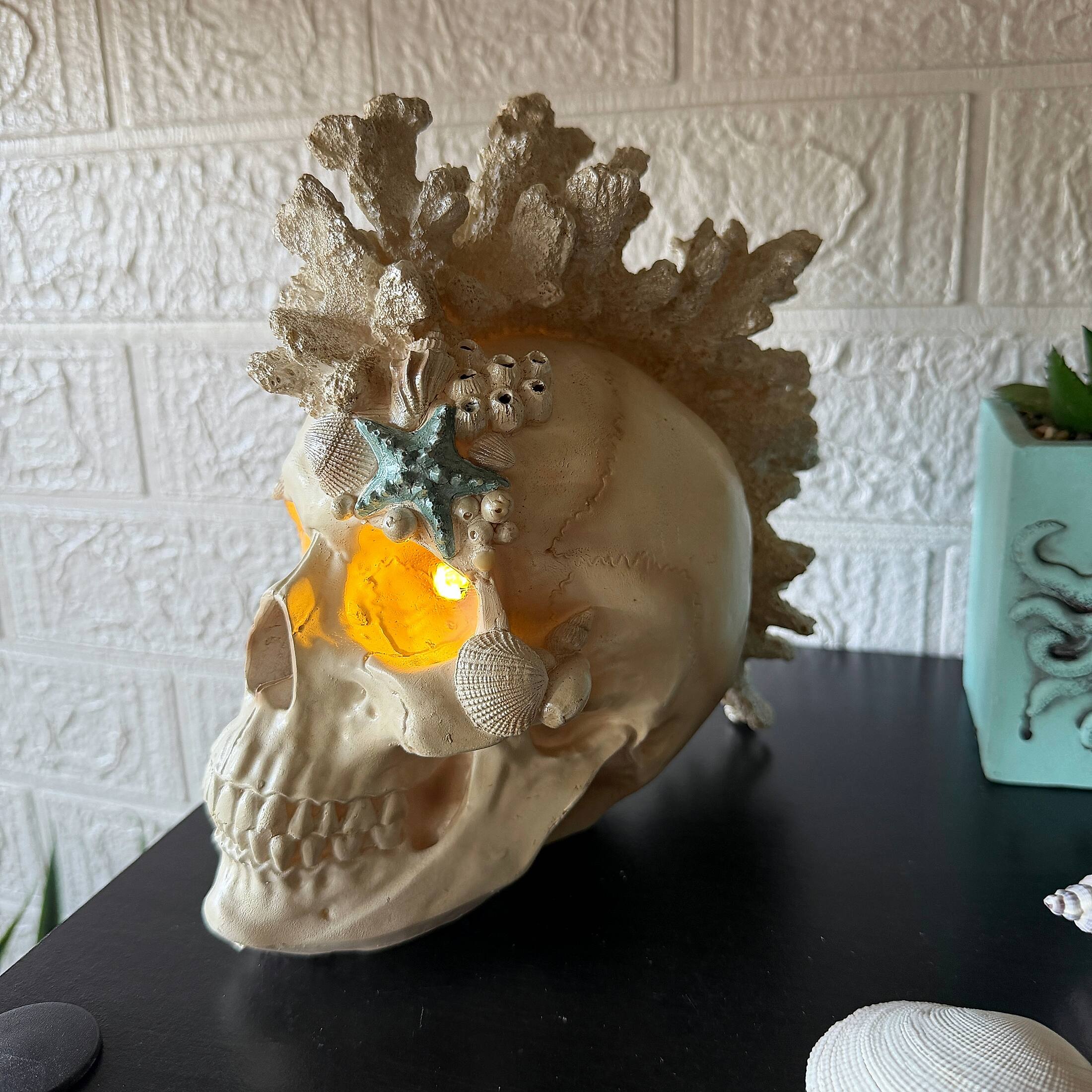 Alt View 3. Fancy That - Illuminated Coastal Statue LED Eyes Coral Resin 7.5 Inch Gothic Decor - Off-white.