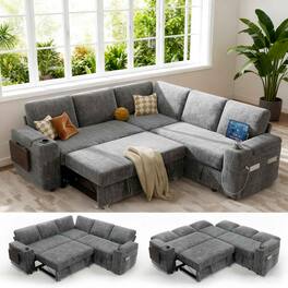 Vipbear - 85" Modular Sectional Sleeper Sofa with Pull Out Bed, 5 Seat L Shaped with Reclining Backrest,Chenille Gray - Gray