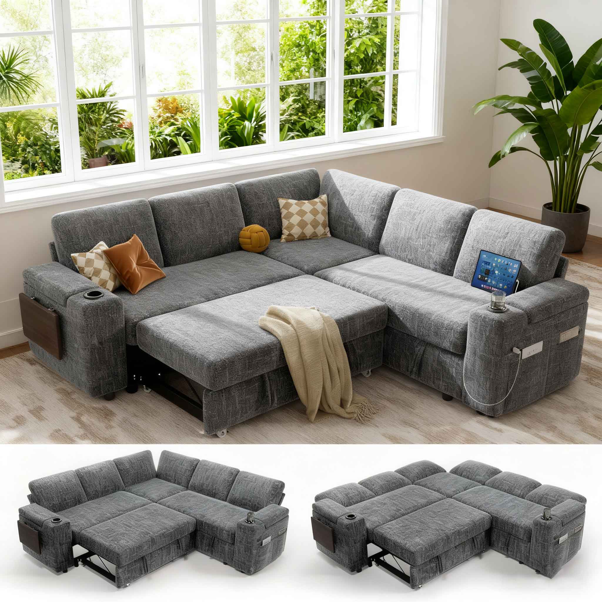 Front. Vipbear - Vipbear 85" Modular Sectional Sleeper Sofa with Pull Out Bed, 5 Seat L Shaped with Reclining Backrest,Chenille Gray - Gray.