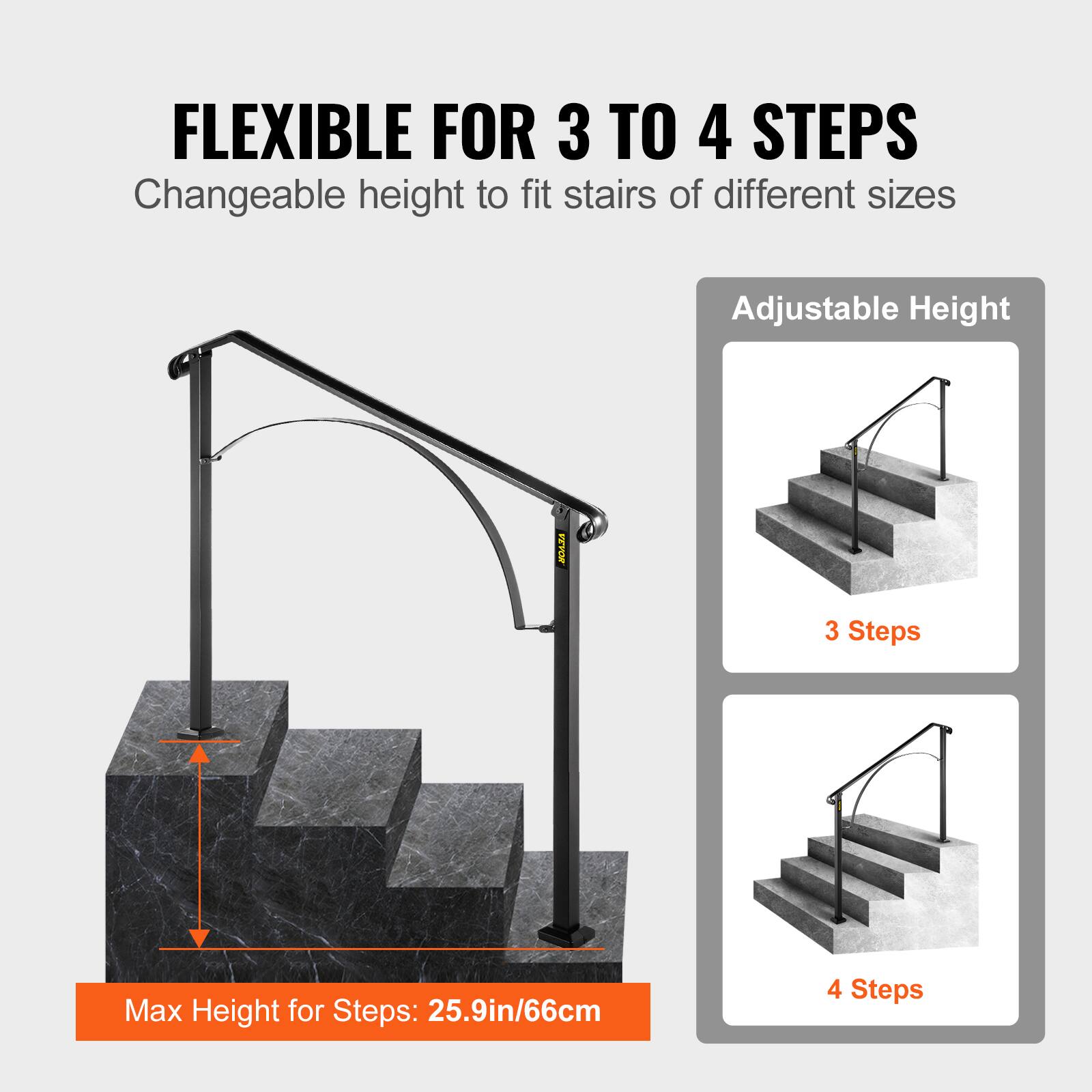 FLEXIBLE FOR 3 TO 4 STEPS, Changeable height to fit stairs of different sizes, Adjustable Height, 3 Steps, 4 Steps, Max Height for Steps: 25.9in/66cm