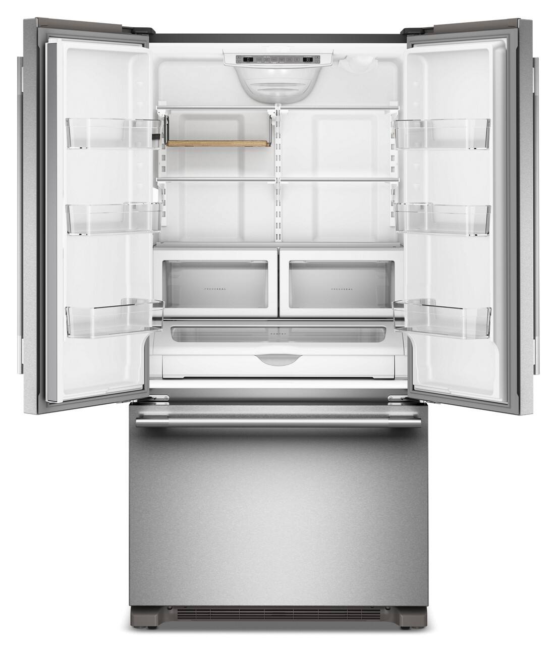 Left. KitchenAid - 36 in. wide 22 cu. ft. Counter-Depth French Door Refrigerator with Internal Water Dispenser - PrintShield Stainless.