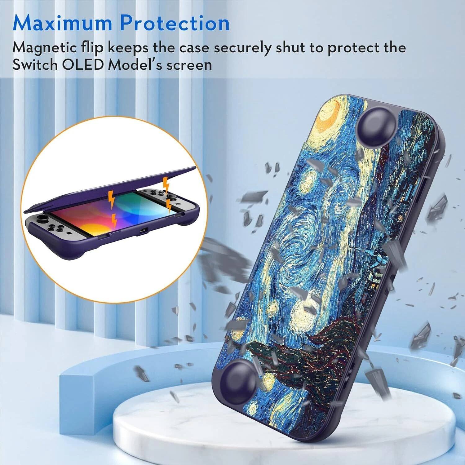 Maximum Protection  
Magnetic flip keeps the case securely shut to protect the Switch OLED Model's screen