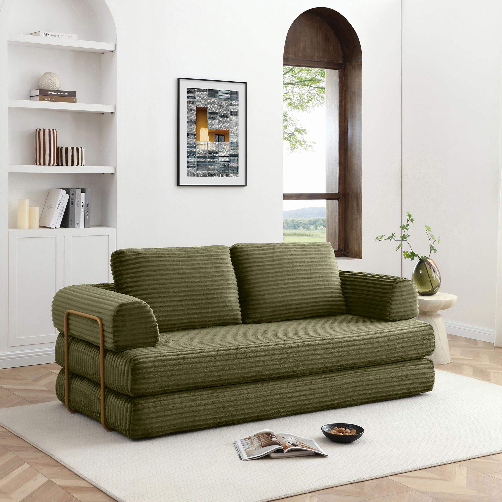 Alt View 1. Roomtec - Convertible Sofa Bed Folding Floor Couch Corduroy Fold Out Couch Bed Futon Sleeper Mattress with Pillows Boneless Sofa - Green.