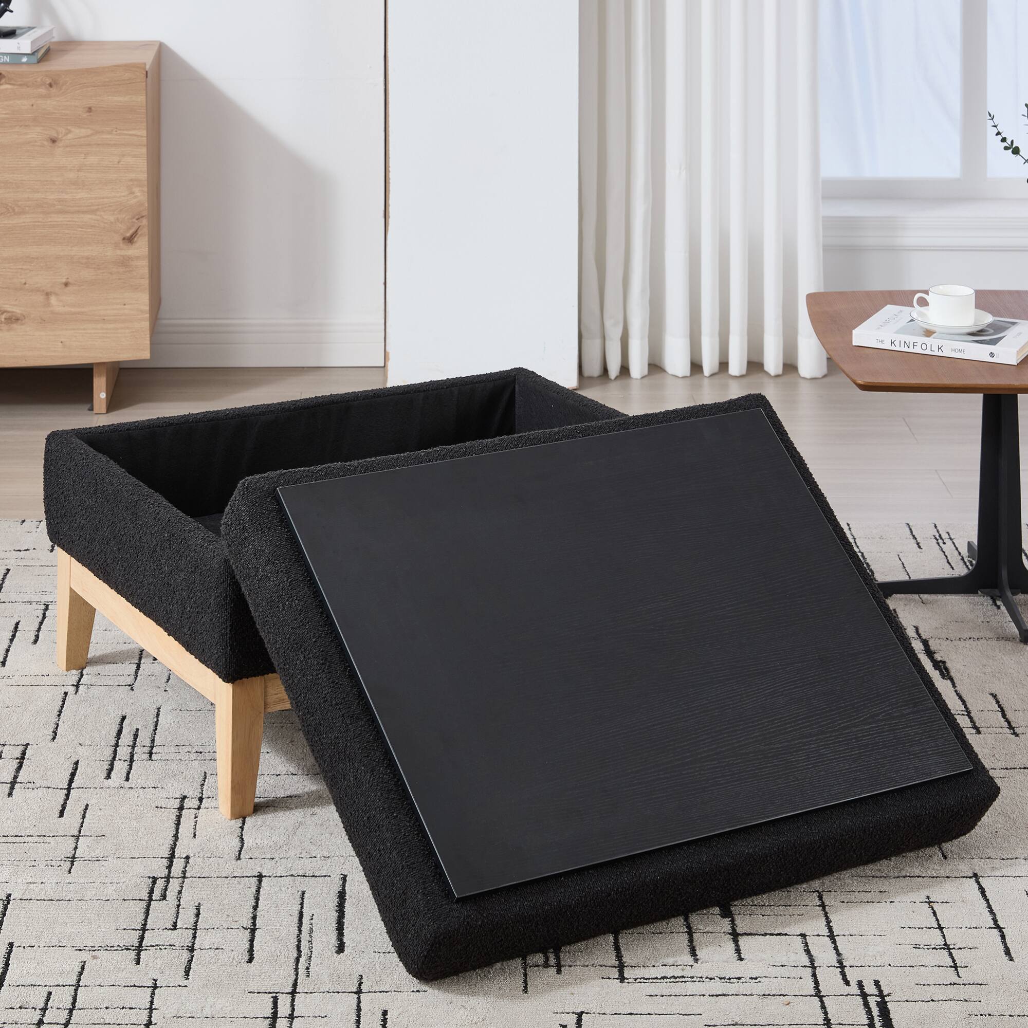 Alt View 1. GOODSILO - Upholstered Storage Ottoman with Reversible Lid and Wood Legs for Living Room and Bedroom - Black.
