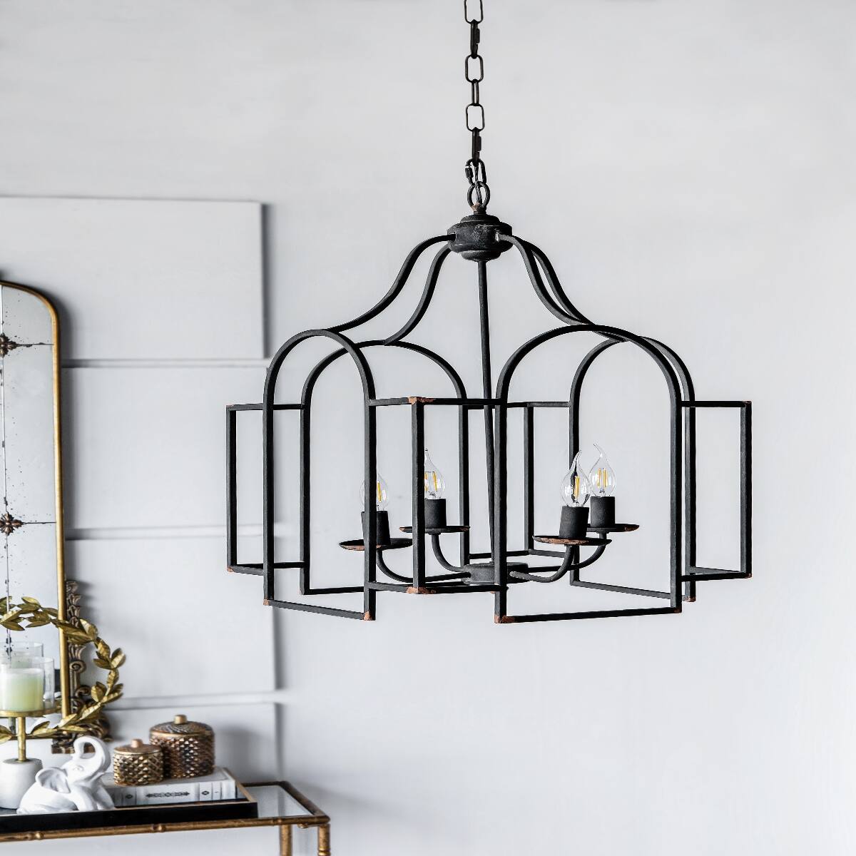 Front. Loheer - Loheer Four Light Satin Black Chandelier, Iron Entryway Foyer Hanging Light Fixture.