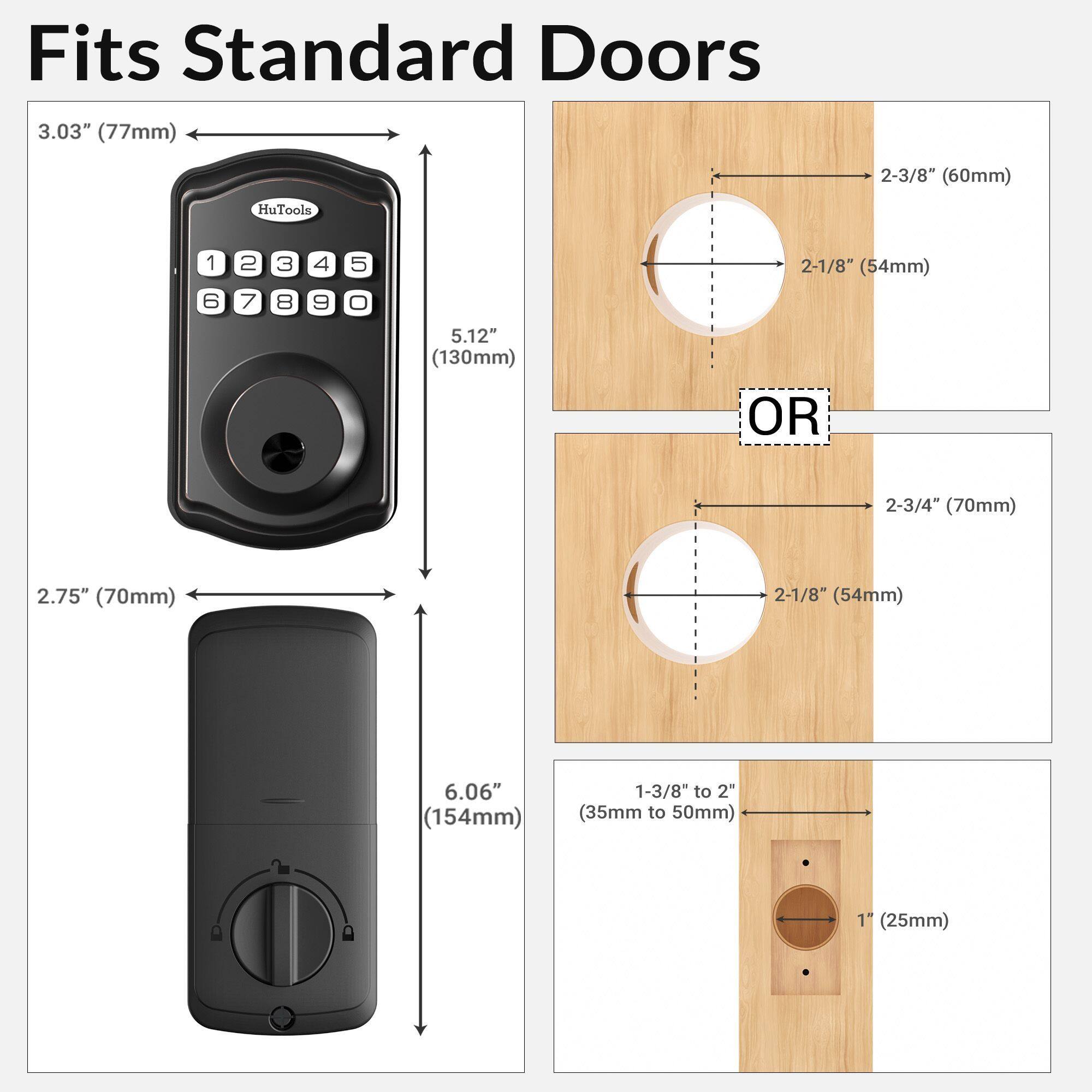 Fits Standard Doors

- 3.03" (77mm)
- 2-3/8" (60mm)
- 2-1/8" (54mm)
- 5.12" (130mm)
- OR
- 2-3/4" (70mm)
- 2.75" (70mm)
- 2-1/8" (54mm)
- 6.06" (154mm)
- 1-3/8" to 2" (35mm to 50mm)
- 1" (25mm)