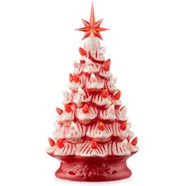 Casafield - 12-in Hand Painted Ceramic Christmas Tree - Pre-Lit Tree with Star - Peppermint