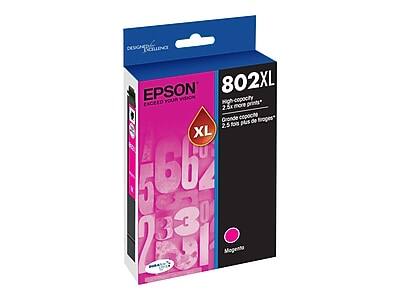 EPSON  
EXCEED YOUR VISION  

802XL  
high-capacity  
2.5x more prints*  

Grande capacité  
2.5 fois plus de pages*  

XL  

Magenta  

*Based on ISO/IEC 24711. Actual yield may vary depending on usage.