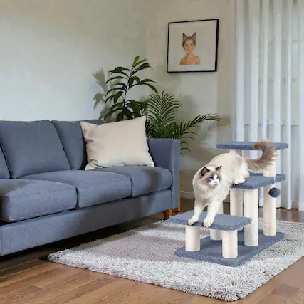Front. BreeBe - 20-Inch 3-Step Cat Stairs with Sisal Scratch Posts and Dangling Toy Ball - Gray.
