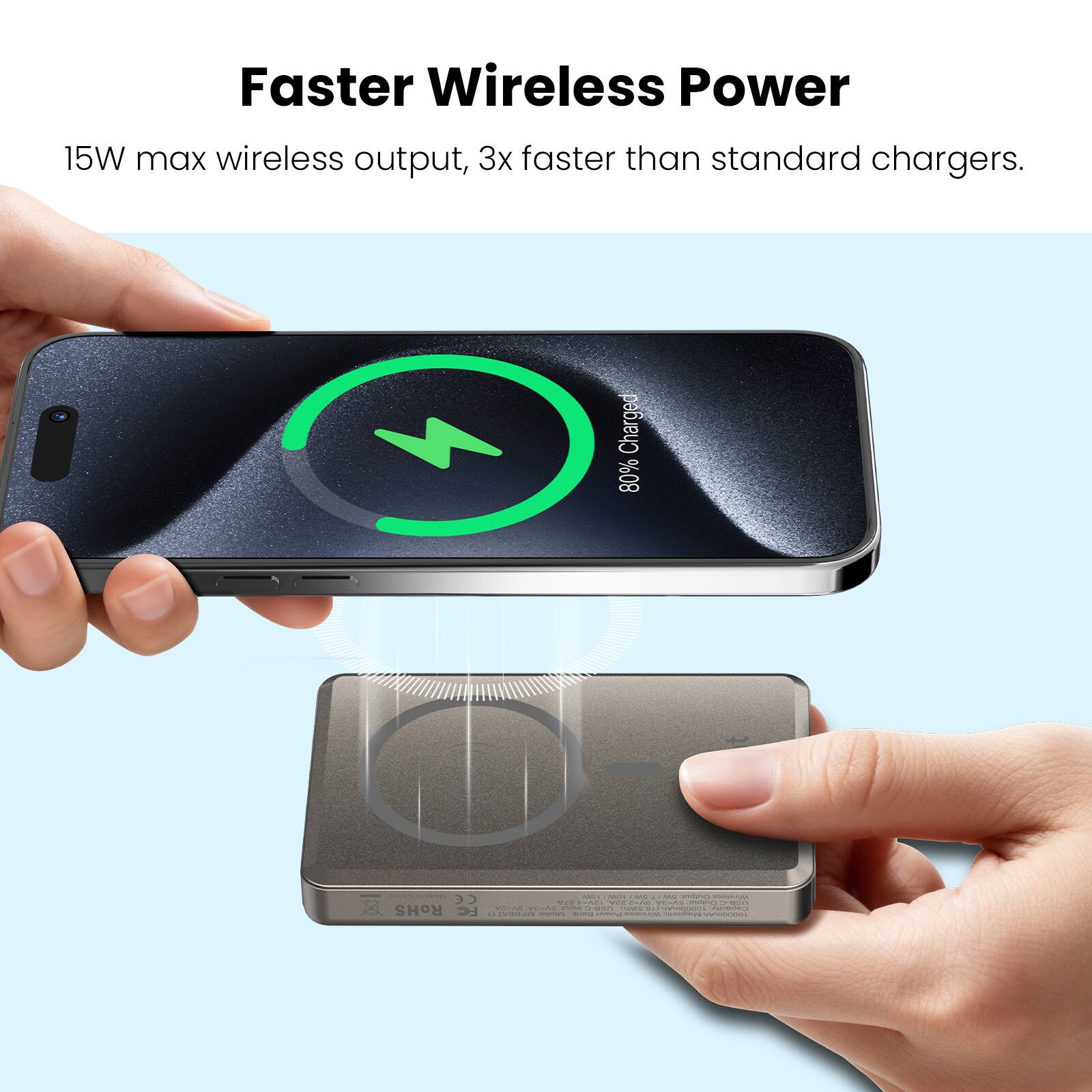 Faster Wireless Power

15W max wireless output, 3x faster than standard chargers.