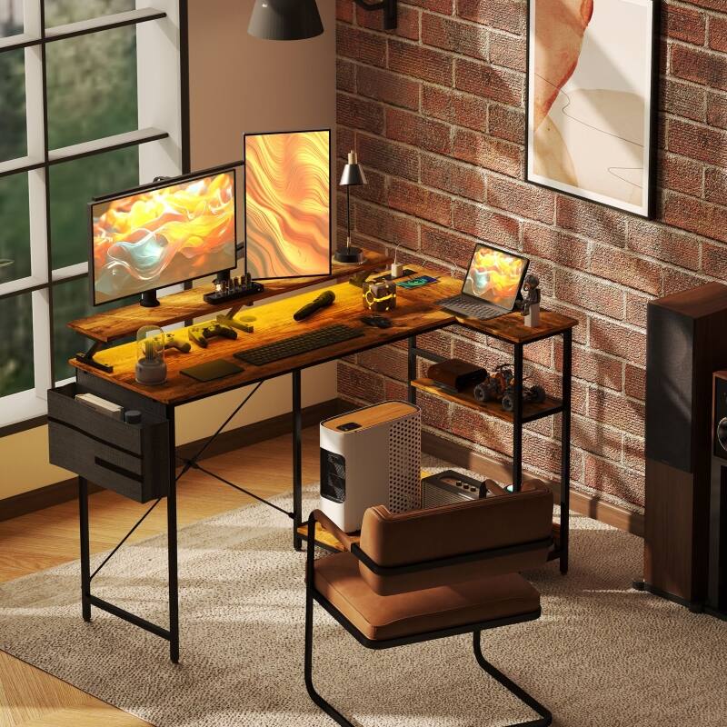 Angle. Anysun - 58" Reversible L Shaped Computer Desk with Power Outlets & LED Lights, Corner Desk with Monitor Stand - Rustic Brown.