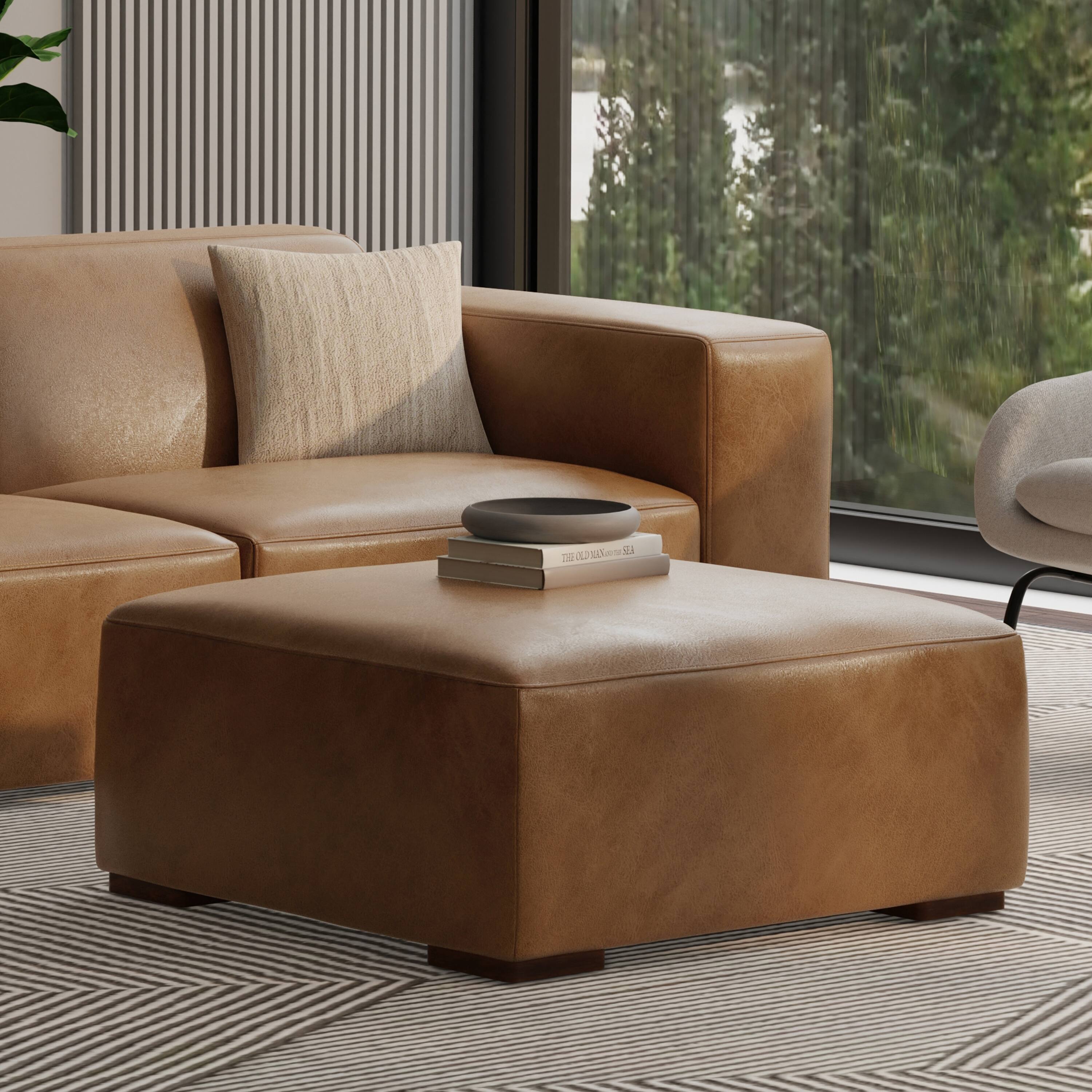 Angle. Simpli Home - Rex Ottoman in Genuine Leather - Caramel Brown.