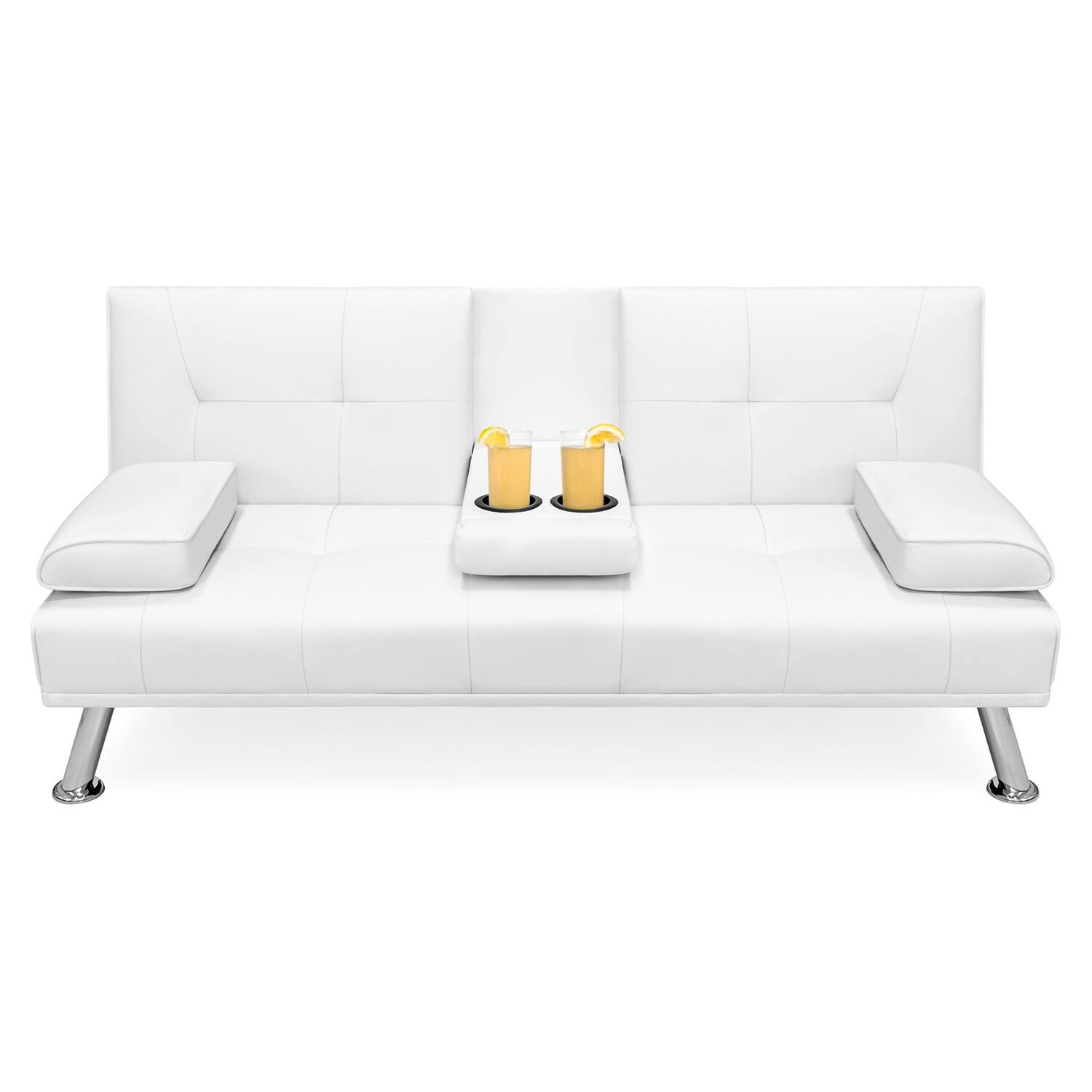 Hivvago - White Faux Leather Convertible Sofa Futon with 2 Cup Holders - White