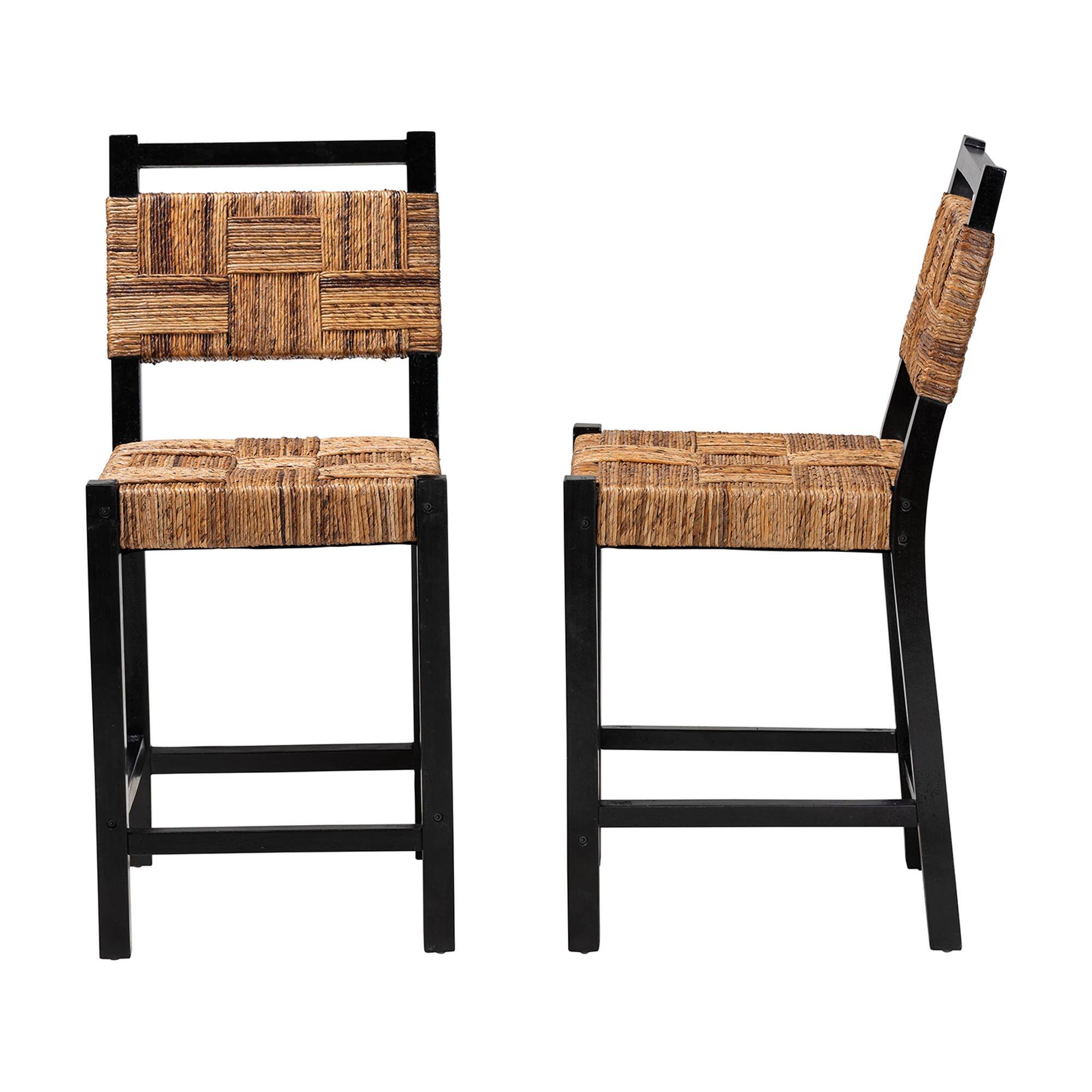 Left. bali & pari - Raniya Seagrass Counter Stool Set of 2 - Solid Mango Wood Frame with Woven Seat and Backrest, Rustic Boho Style - Natural Brown/Black.