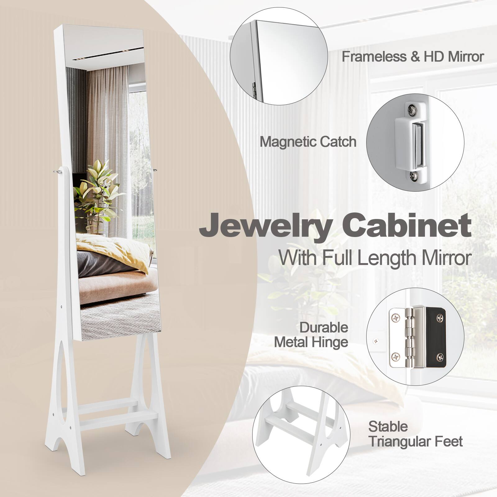 Frameless & HD Mirror, Magnetic Catch, Jewelry Cabinet, With Full Length Mirror, Durable Metal Hinge, Stable Triangular Feet