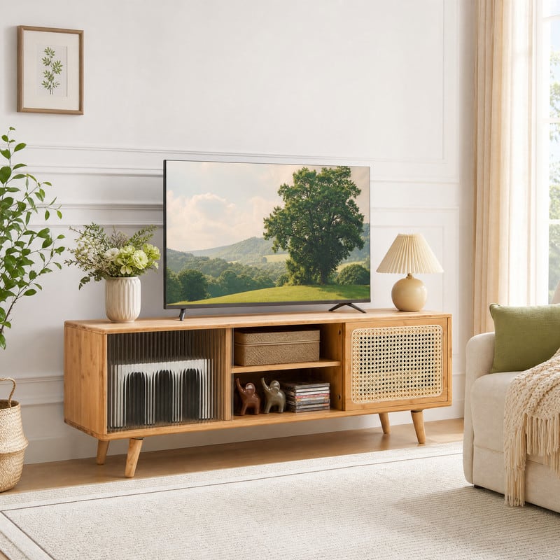"WELLFOR - Modern TV Stand for TVs up to 55"" with Rattan& Glass Sliding Doors, Entertainment Center Media Console for Living Room - Natural" price history on PriceWatchPro