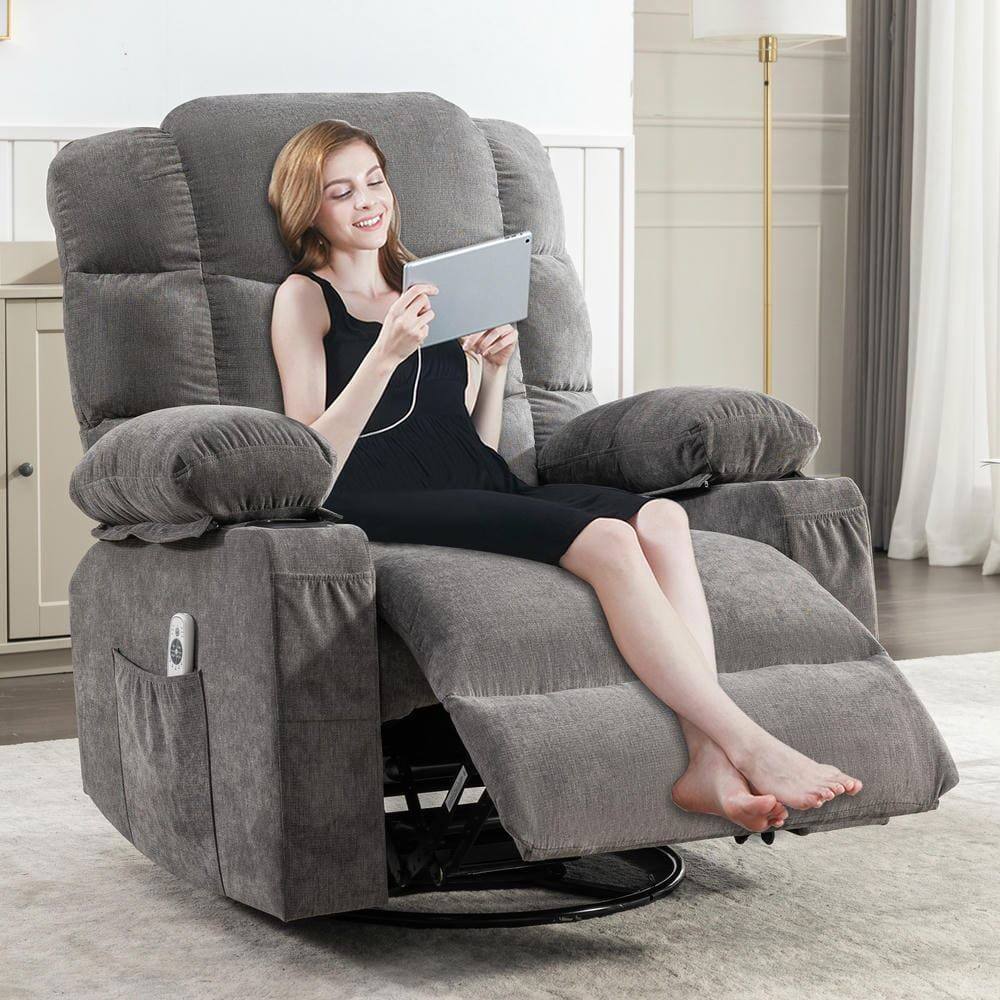 Back. Kadyn - Massage Rocker Recliner Chair, 8-Point Vibration & Heat, 150° Recline, USB Port, Cup Holders, Gray - Gray.