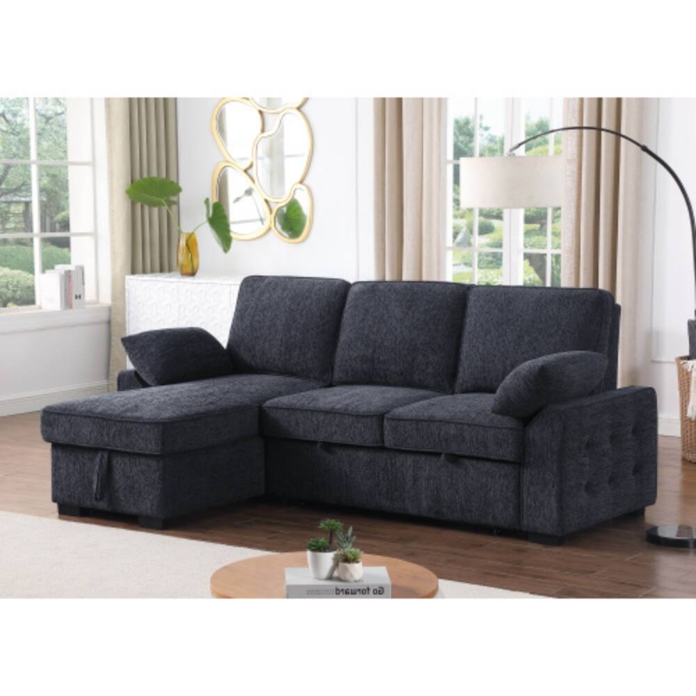 Angle. LUCKY ONE - 91" Charcoal Chenille Reversible Sleeper Sectional with Storage Chaise, Drop-Down Table, Cupholders - Charcoal.