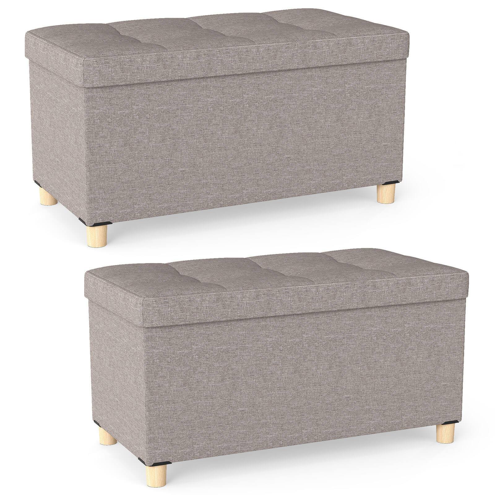 Costway - 2 PCS 30" Storage Ottoman Bench with Tray Rubber Wood Legs for Small Space Entryway - Gray,Natural