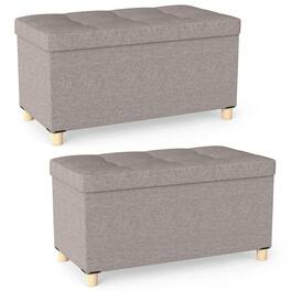 Costway - 2 PCS 30" Storage Ottoman Bench with Tray Rubber Wood Legs for Small Space Entryway - Gray,Natural
