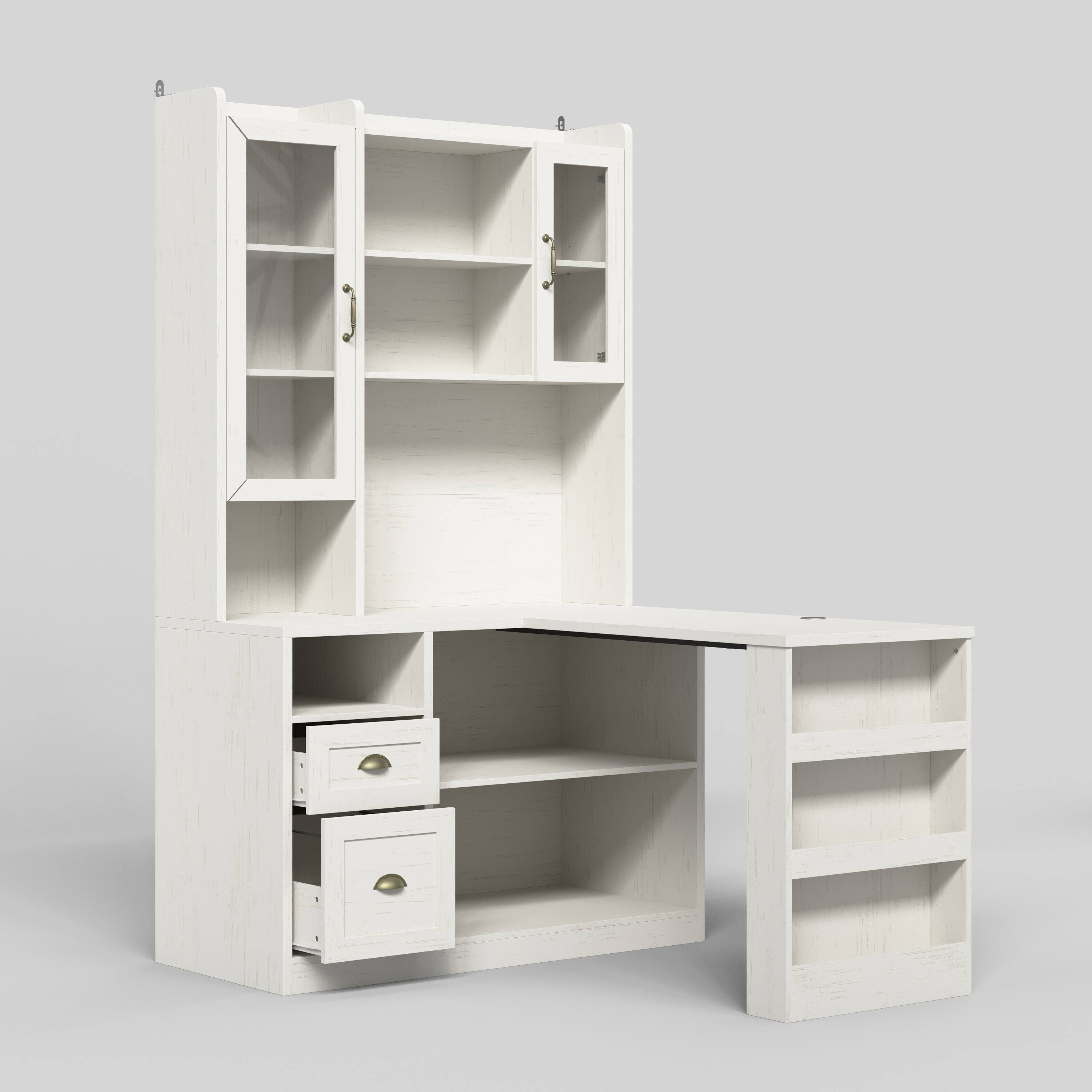 Left. Famapy - Study Desk with Tall Storage Cabinet – White Vintage Student Writing Table with Drawers & Bookshelf for Bedroom, Dorm - White.